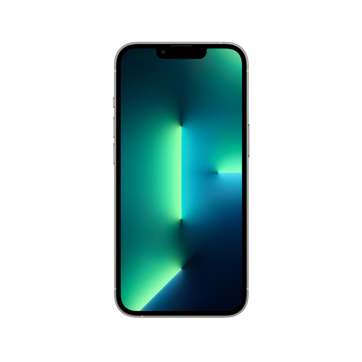 Un smartphone con una pantalla degradada verde y azul, el teléfono es negro y tiene un marco plateado.