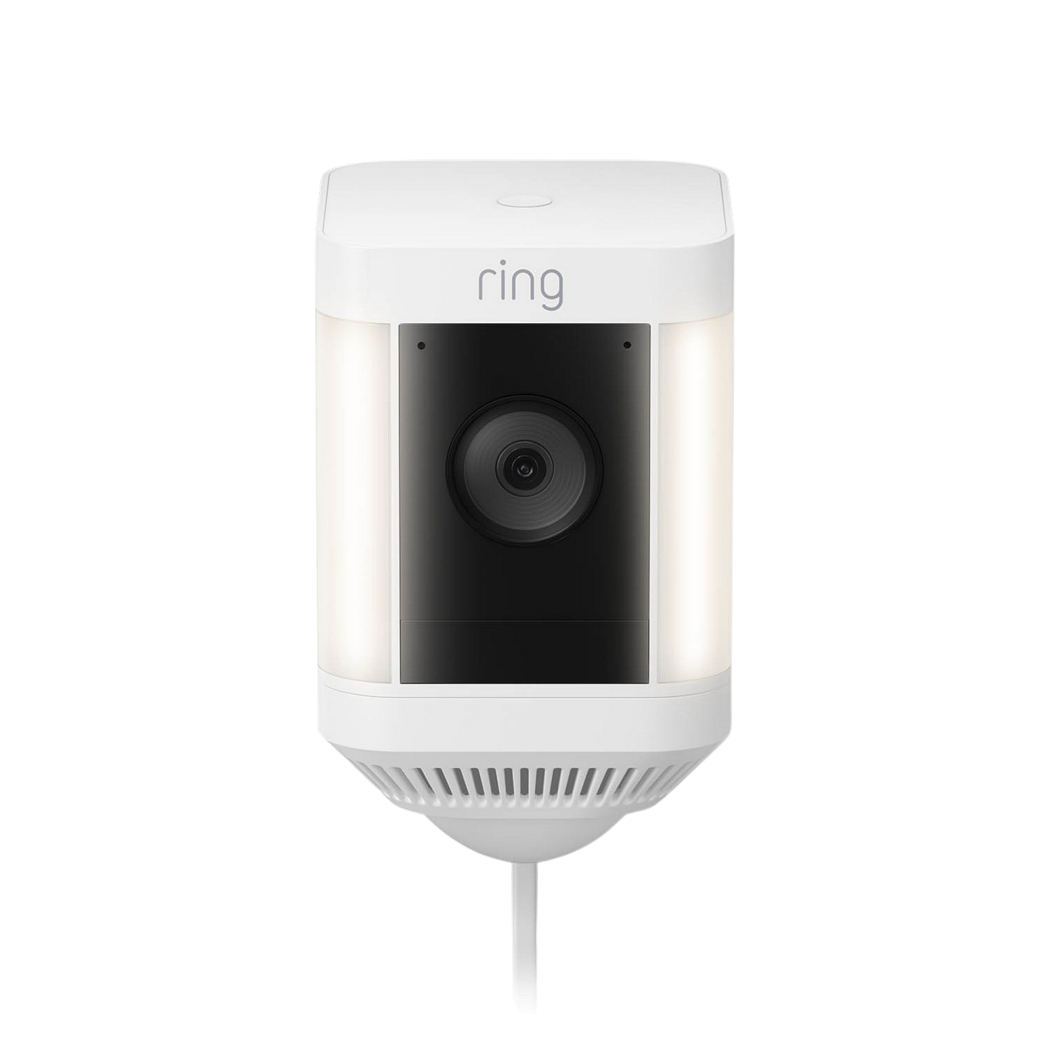 Biała kamera bezpieczeństwa Ring ze światłami, na czarnym tle.