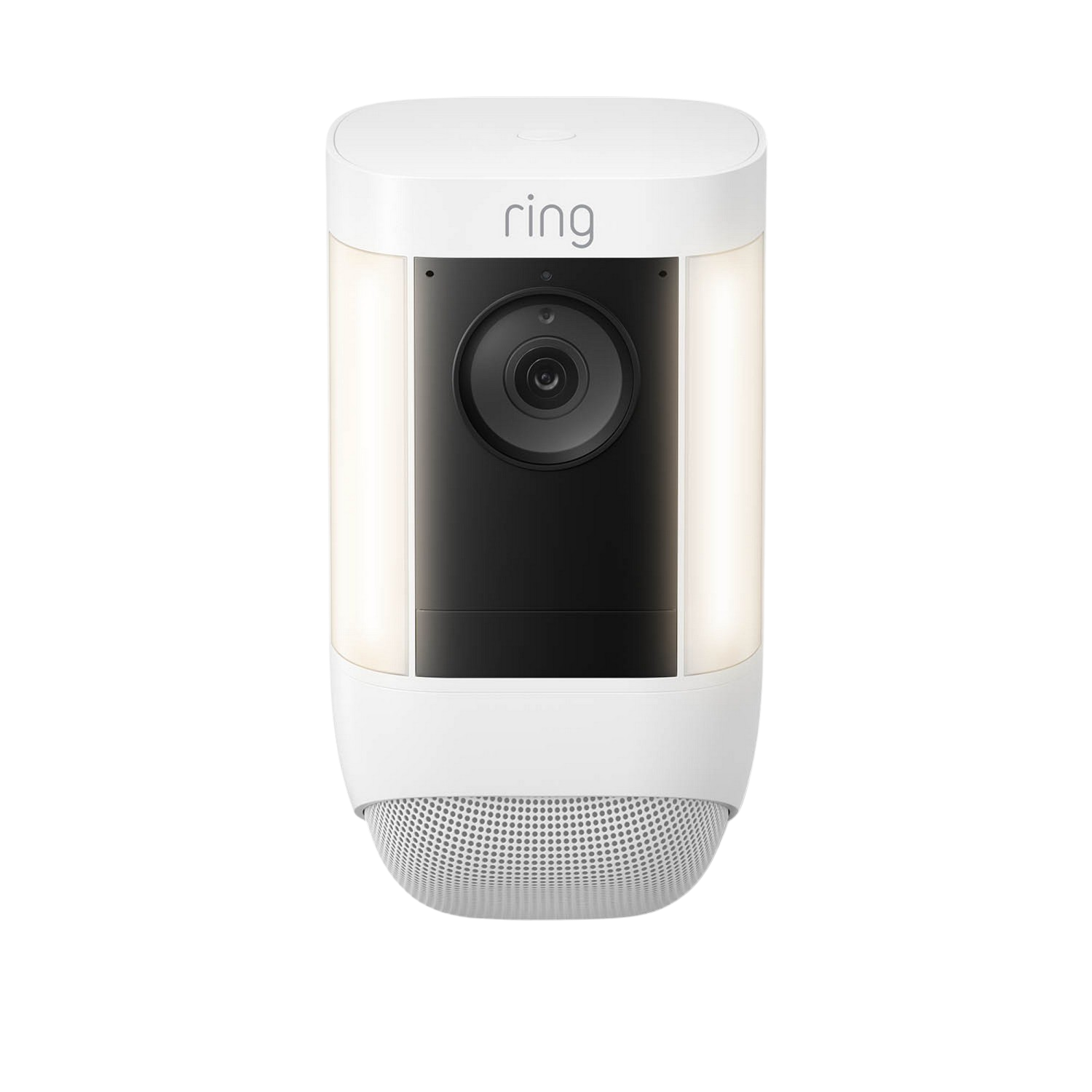 Biała kamera bezpieczeństwa Ring z czarnym obiektywem i jasnymi światłami po bokach. Czarne tło.
