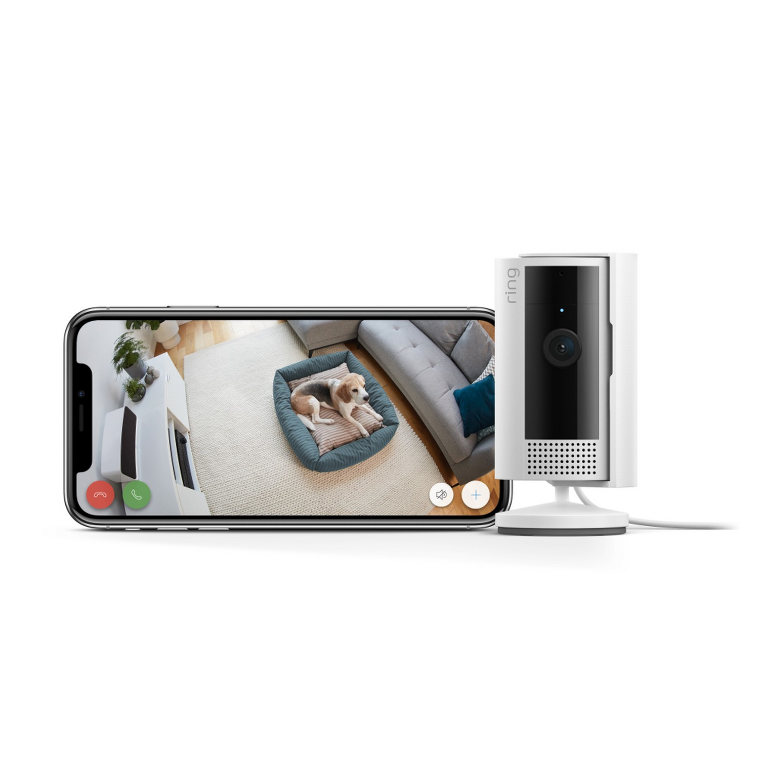 Kamera smart home pokazuje psa w łóżku na ekranie telefonu i kamerę obok.