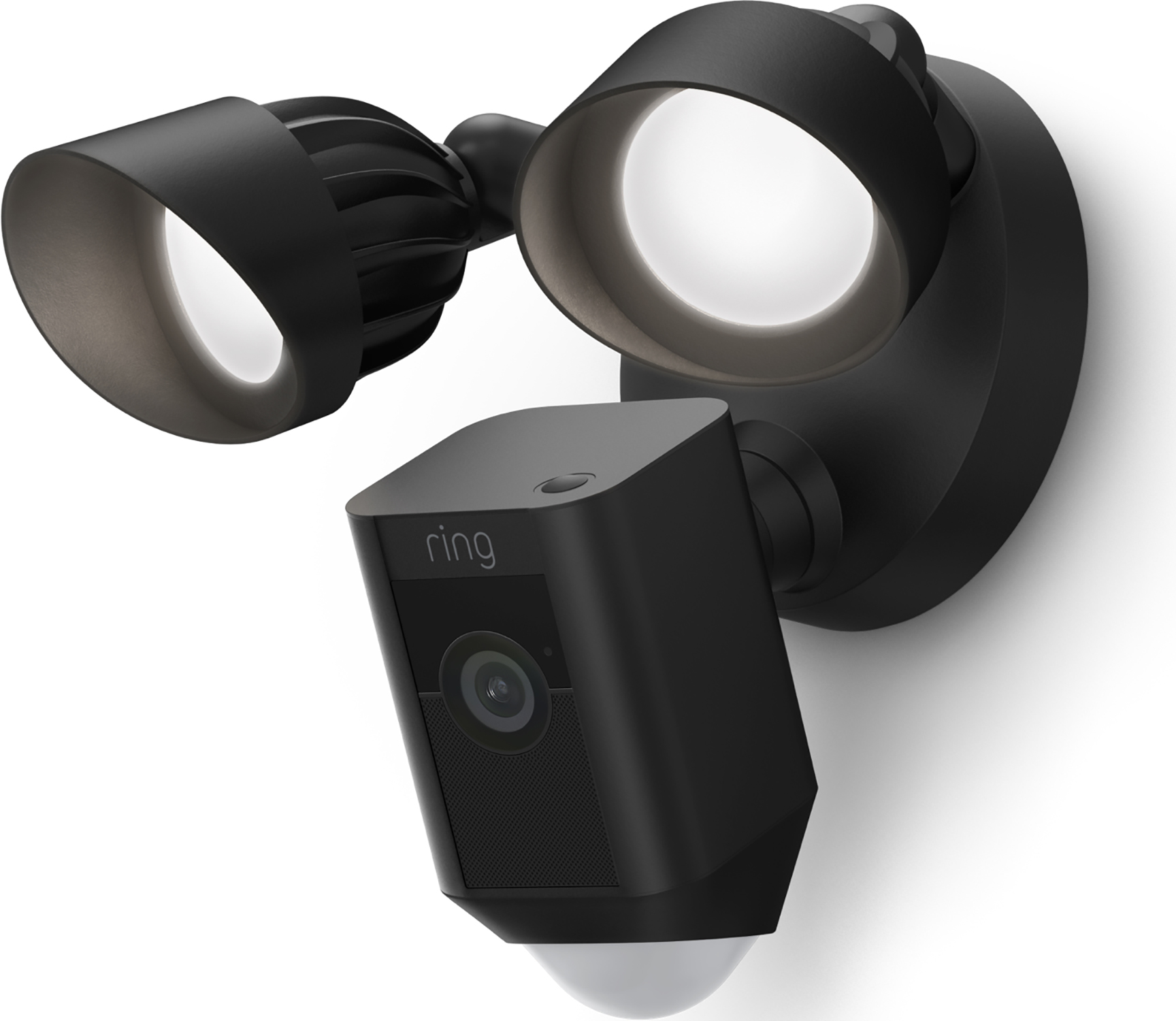 Una luz de seguridad Ring negra con dos luces y una cámara.