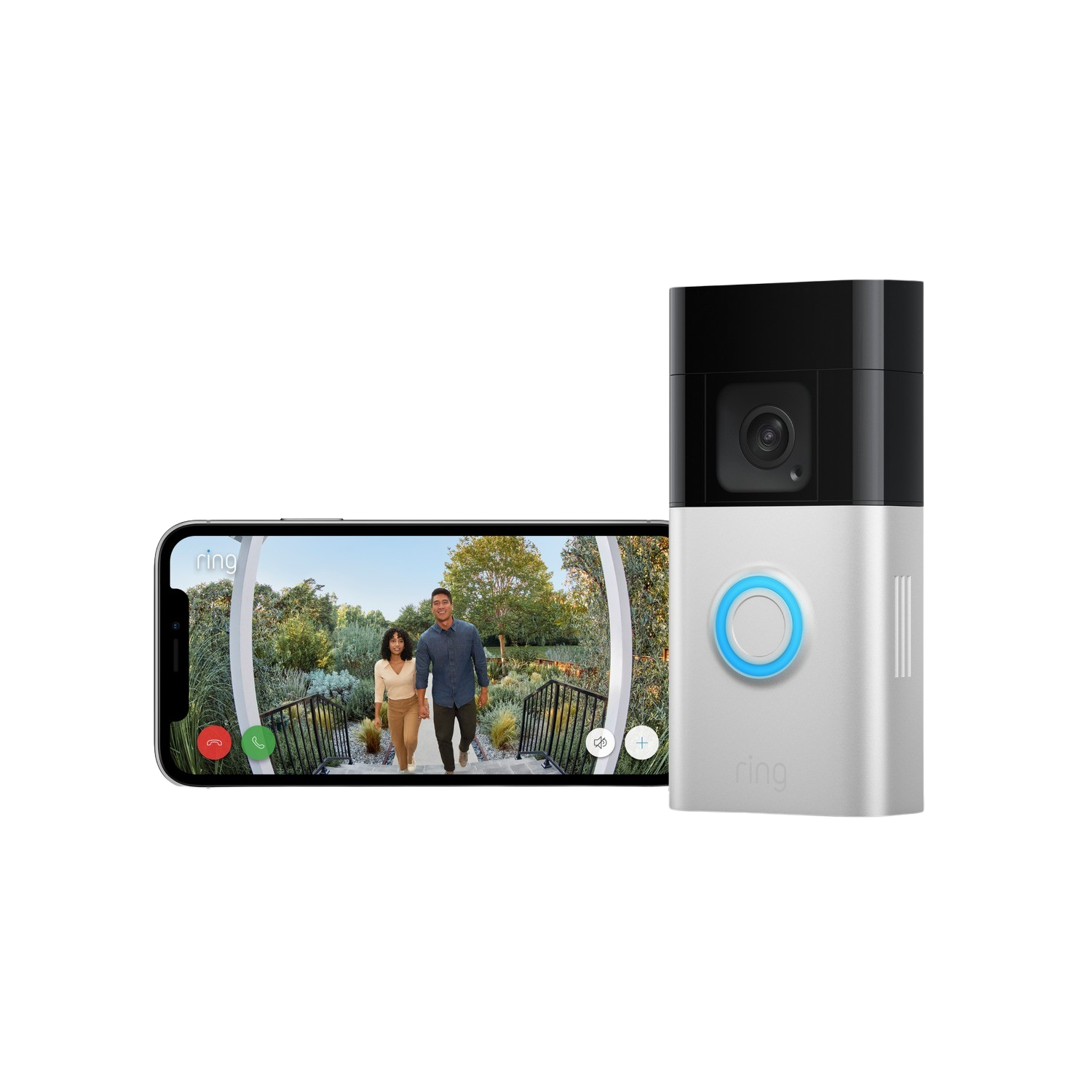 Ring-Türklingelsystem zeigt Live-Feed auf einem Telefon, mit einem Paar, das in einem Garten spaziert.