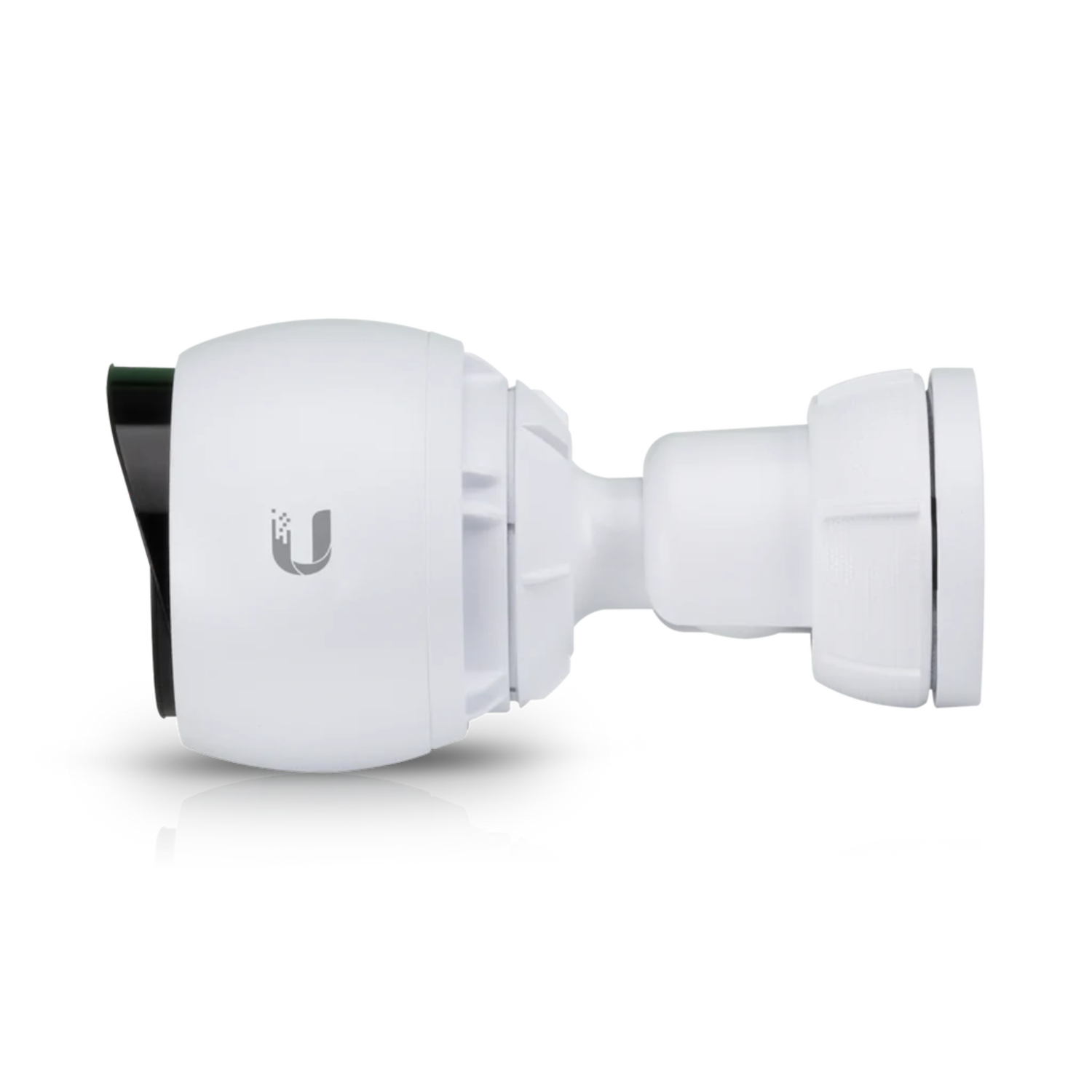 Biała kamera bezpieczeństwa z zakrzywionym korpusem. Ma czarny obiektyw i logo marki.