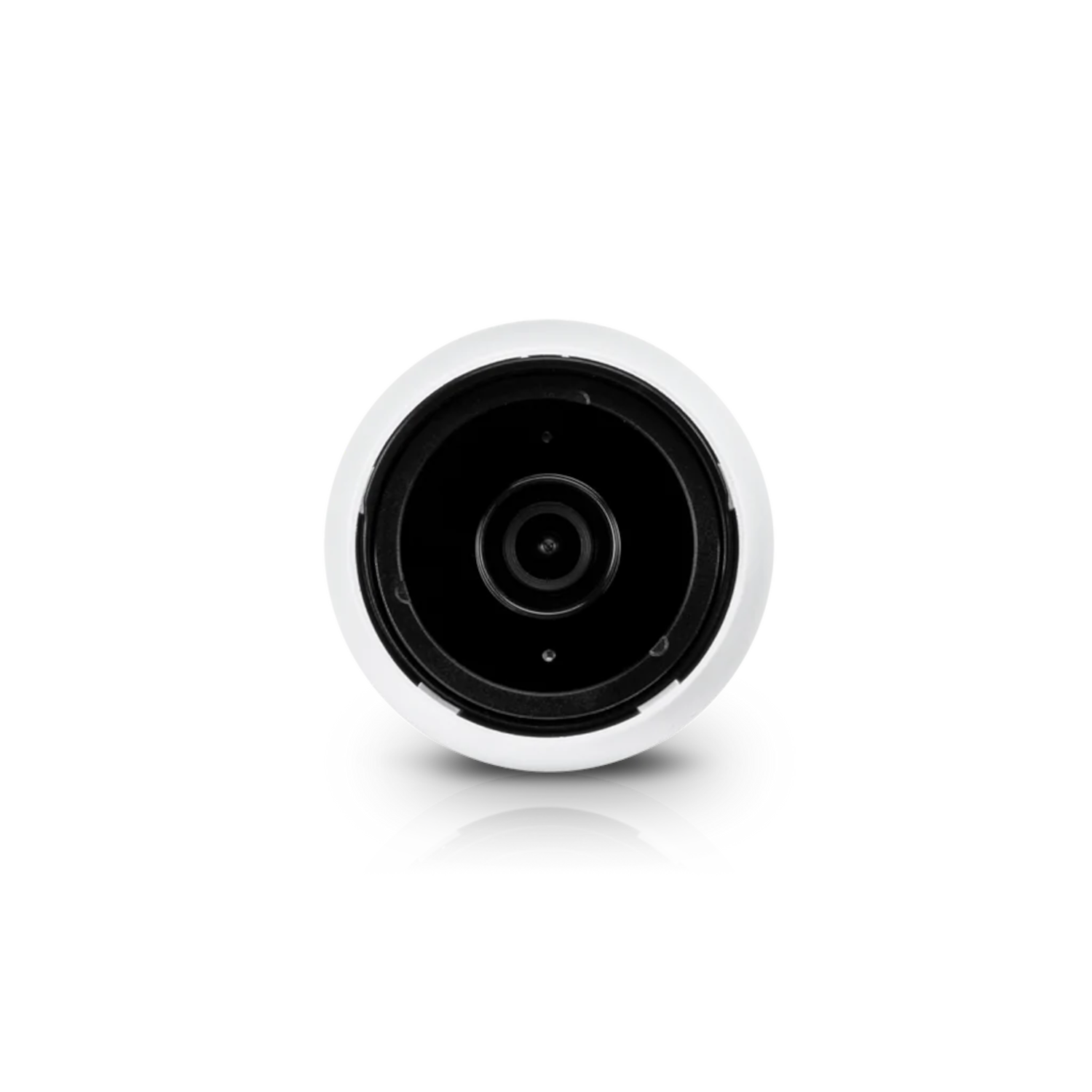 Widok z góry czarnej kamery bezpieczeństwa z białym pierścieniem, na czarnej odblaskowej powierzchni.