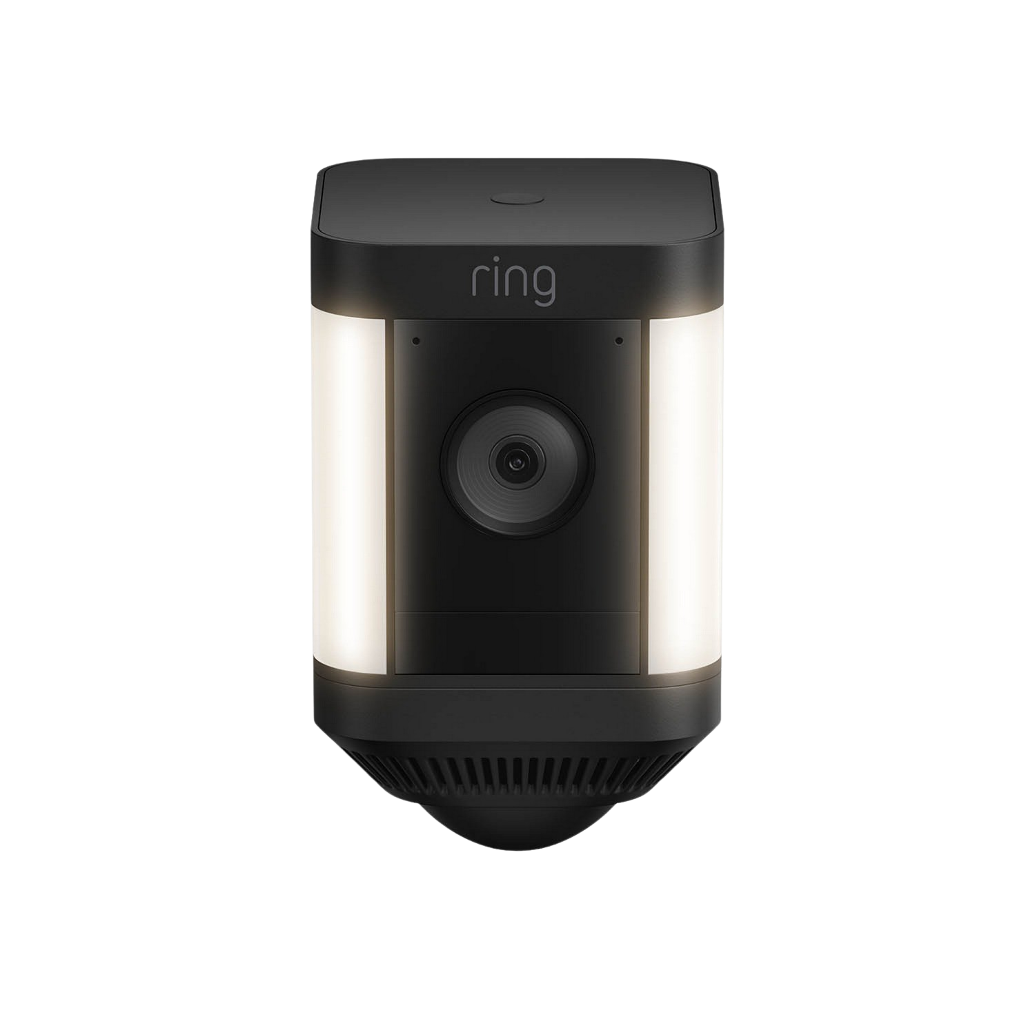 Czarna kamera bezpieczeństwa z logo Ring i światłami LED na czarnym tle.