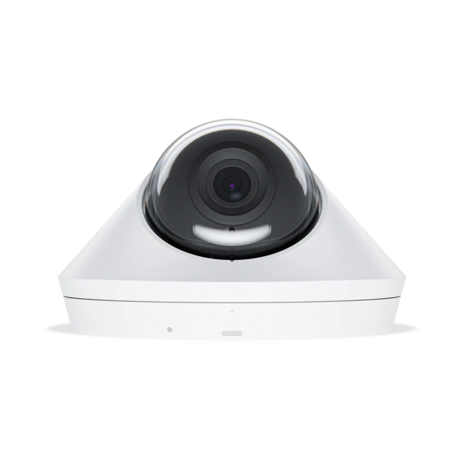 Biała kamera kopułkowa. Czarny obiektyw pośrodku.