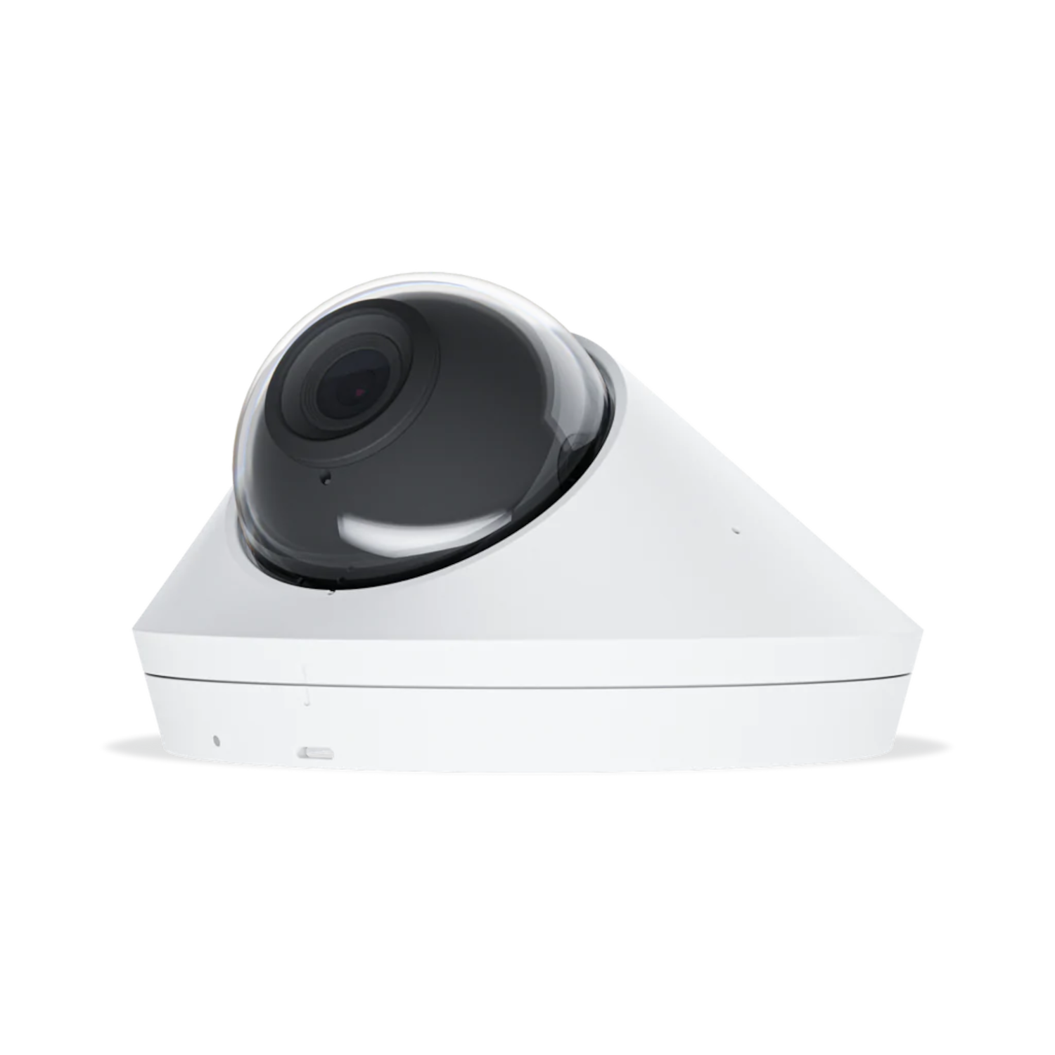 Biała kamera bezpieczeństwa z czarną kopułą, widok z góry.