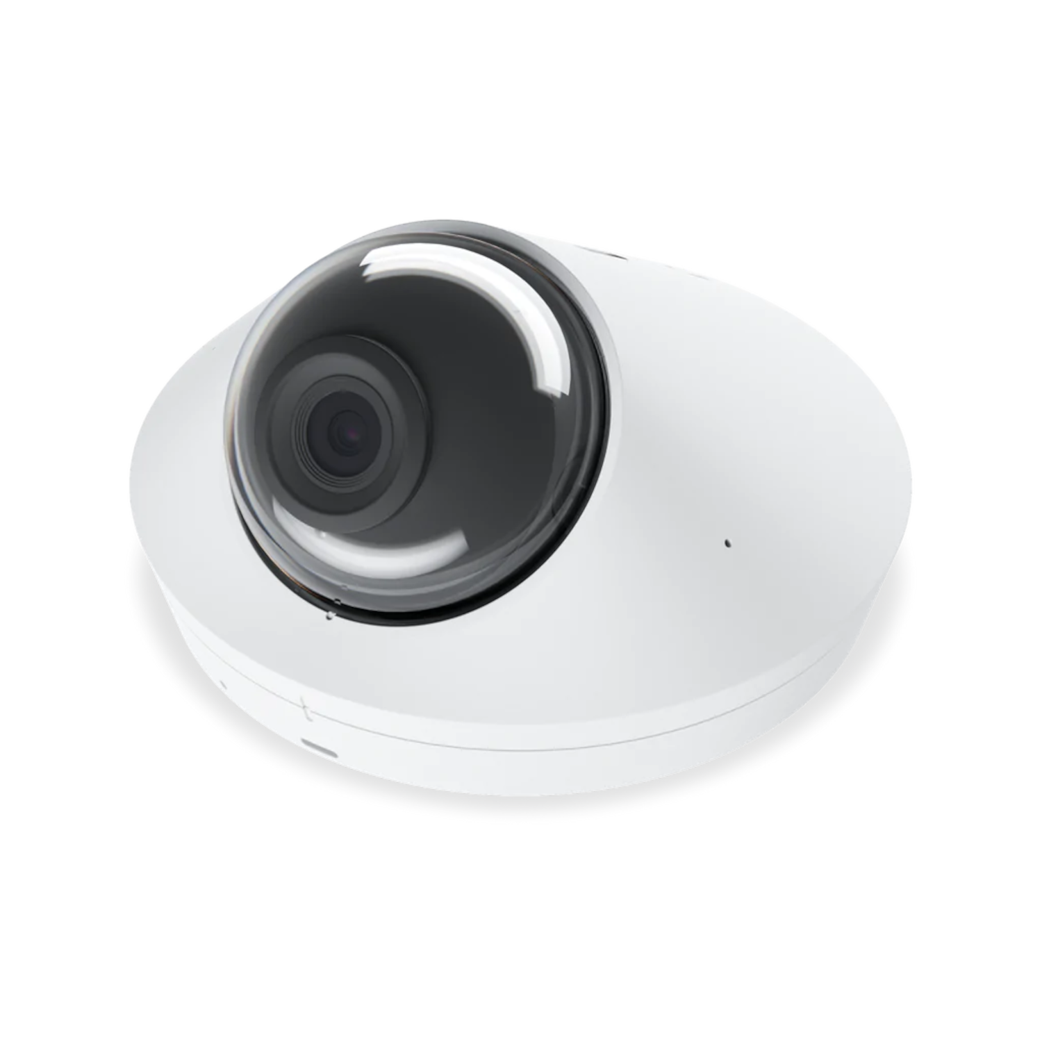 Biała kamera kopułkowa z przezroczystym obiektywem, zamontowana na czarnym tle.