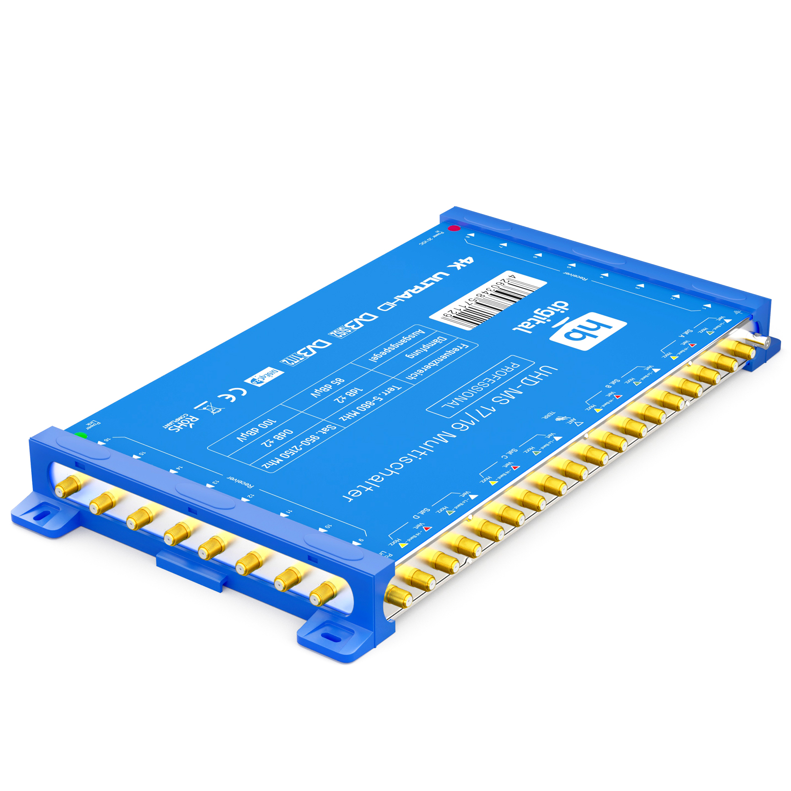 Ein blauer digitaler UHD-MS 17/16 Multiswitch mit mehreren Anschlüssen und Steckern.