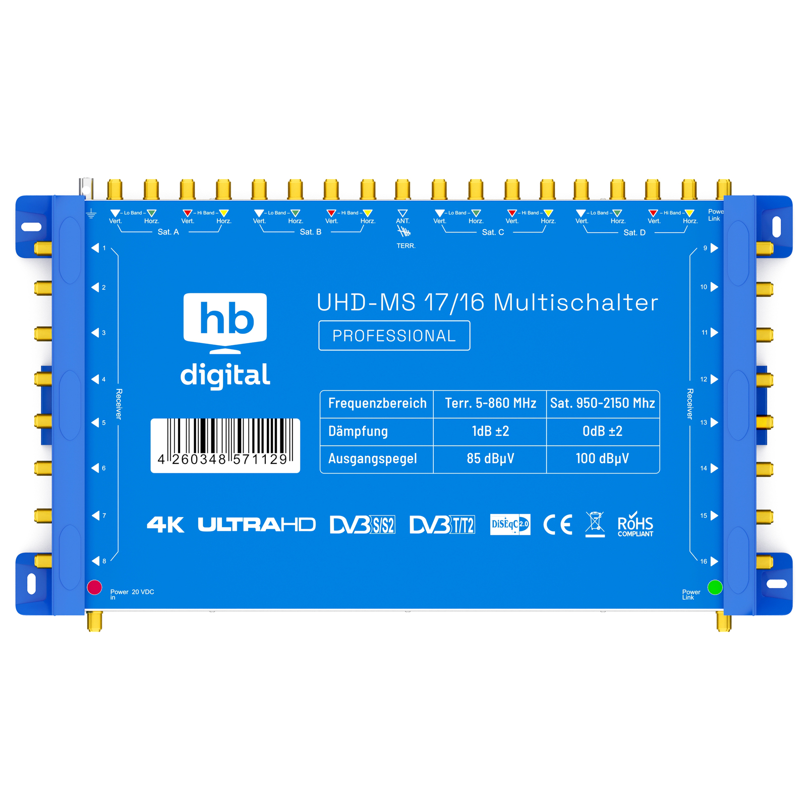 Ein blaues Multi-Switch-Gerät mit vielen Eingangs-/Ausgangsanschlüssen und einem Produktetikett.