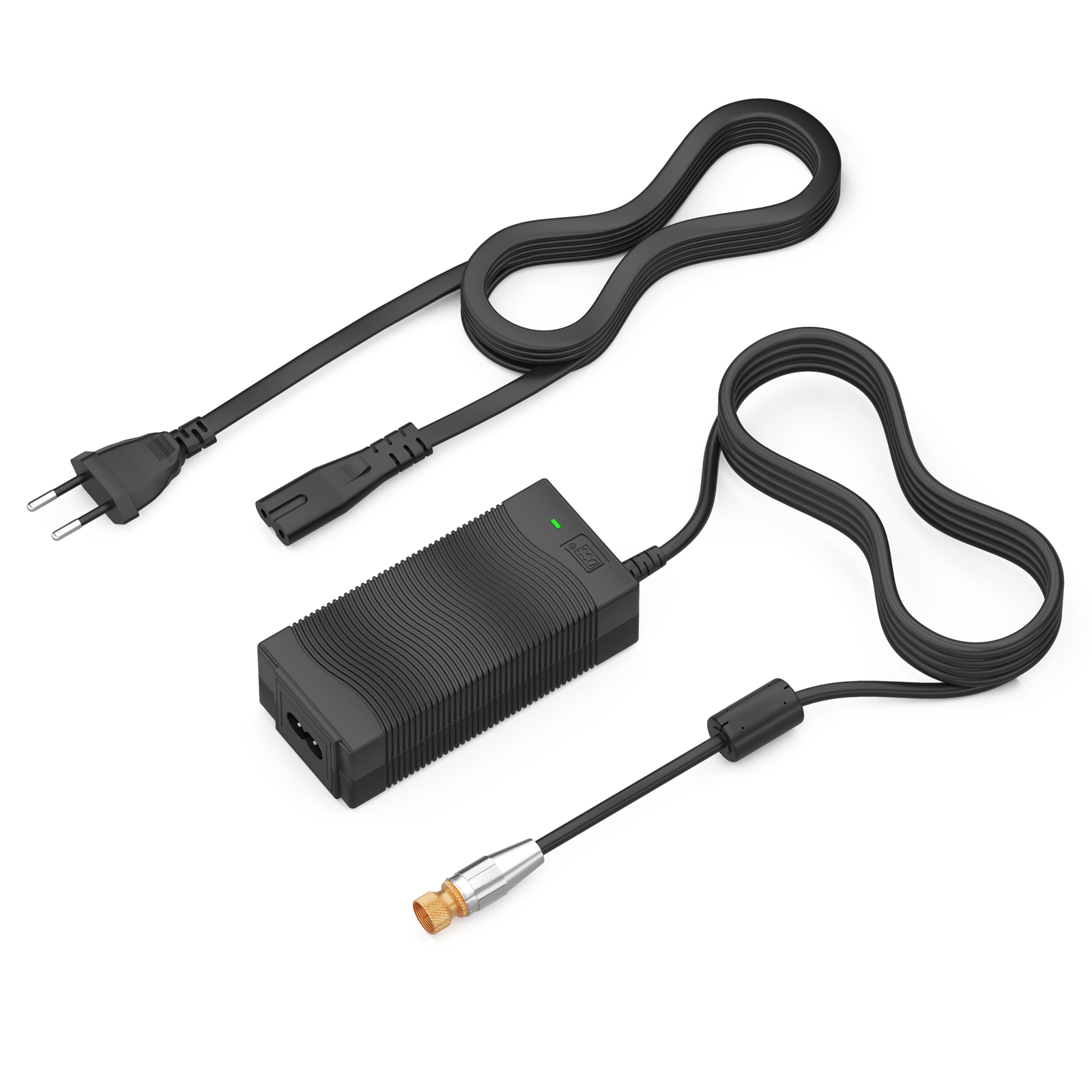 Schwarzes Ladegerät mit zwei Kabeln, einem schwarzen Netzteil und einem silbernen Ladekopf.