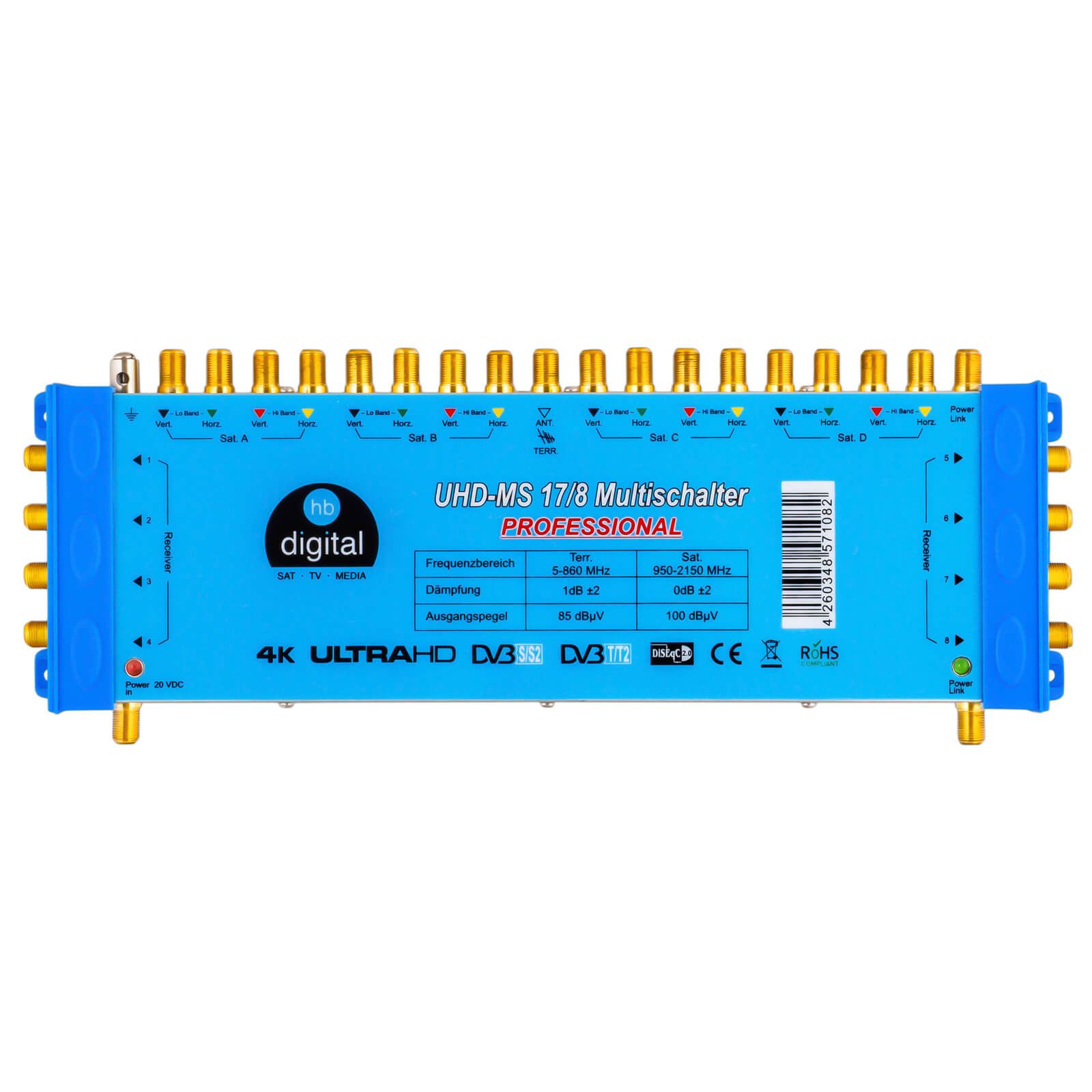Schwarzes und blaues elektronisches Gerät mit mehreren Anschlüssen und Etiketten.