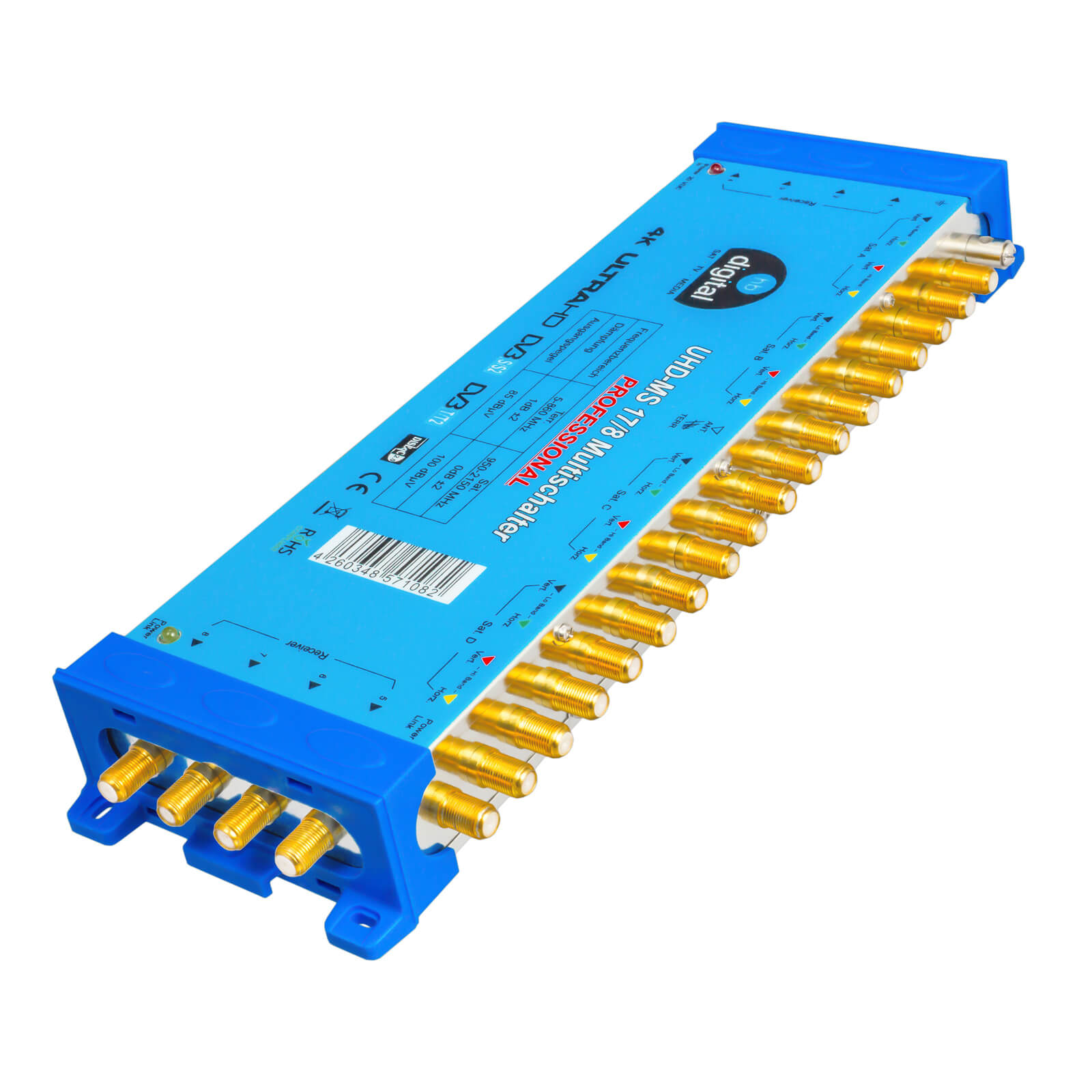 Ein blauer 4K Ultra HD DVB Multiswitch. Er hat viele Ein- und Ausgänge mit goldfarbenen Anschlüssen.