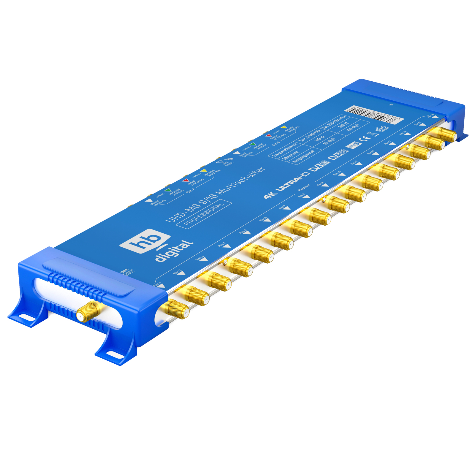 Ein blauer hb-digital Multischalter mit 16 goldenen Anschlüssen und Beschriftungen.