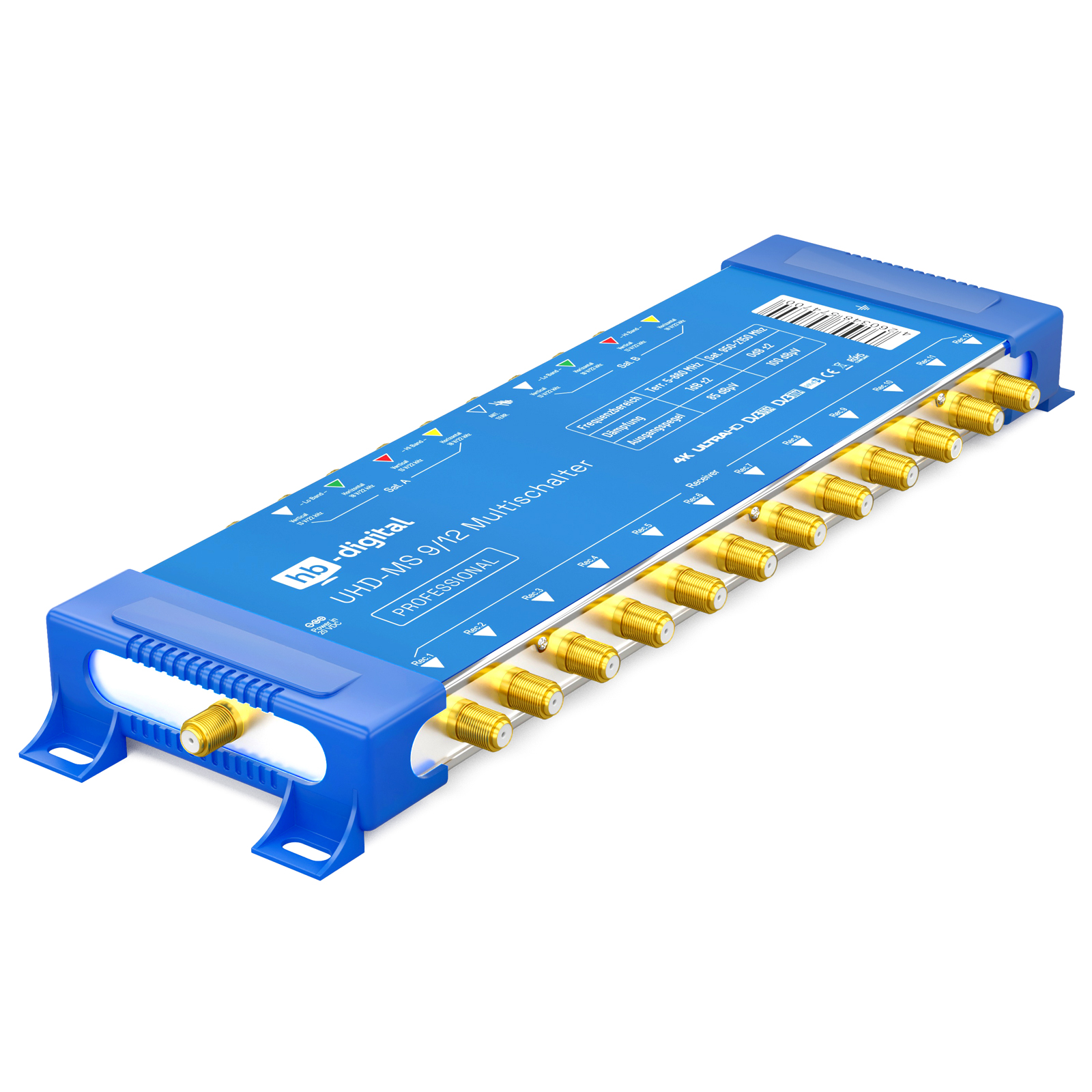 Blauer HB digital UHD-MS 6/12 Multischalter mit goldenen Anschlüssen. Weißer Hintergrund.