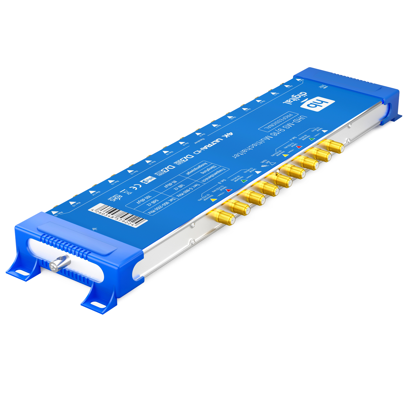Ein blauer 9/16 Multischalter mit 16 goldenen Anschlüssen und Beschriftungen.