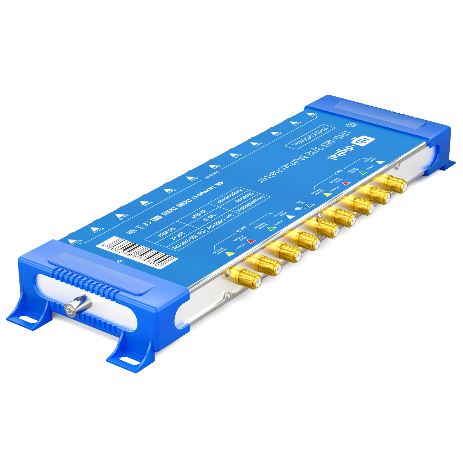 Ein blaues elektronisches Gerät mit Goldanschlüssen und Etiketten. Es hat einen blau-grauen Körper. Weißer Hintergrund.