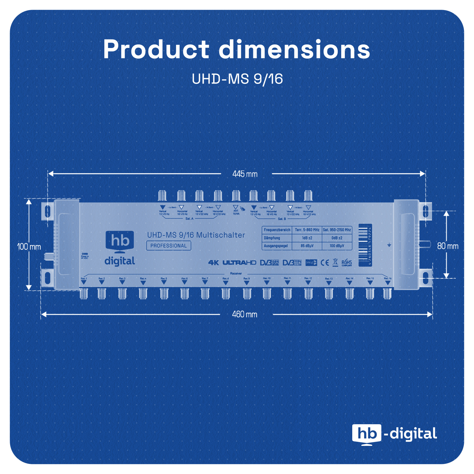 Technische Zeichnung eines UHD-MS 9/16 Multischalters mit Maßen.
