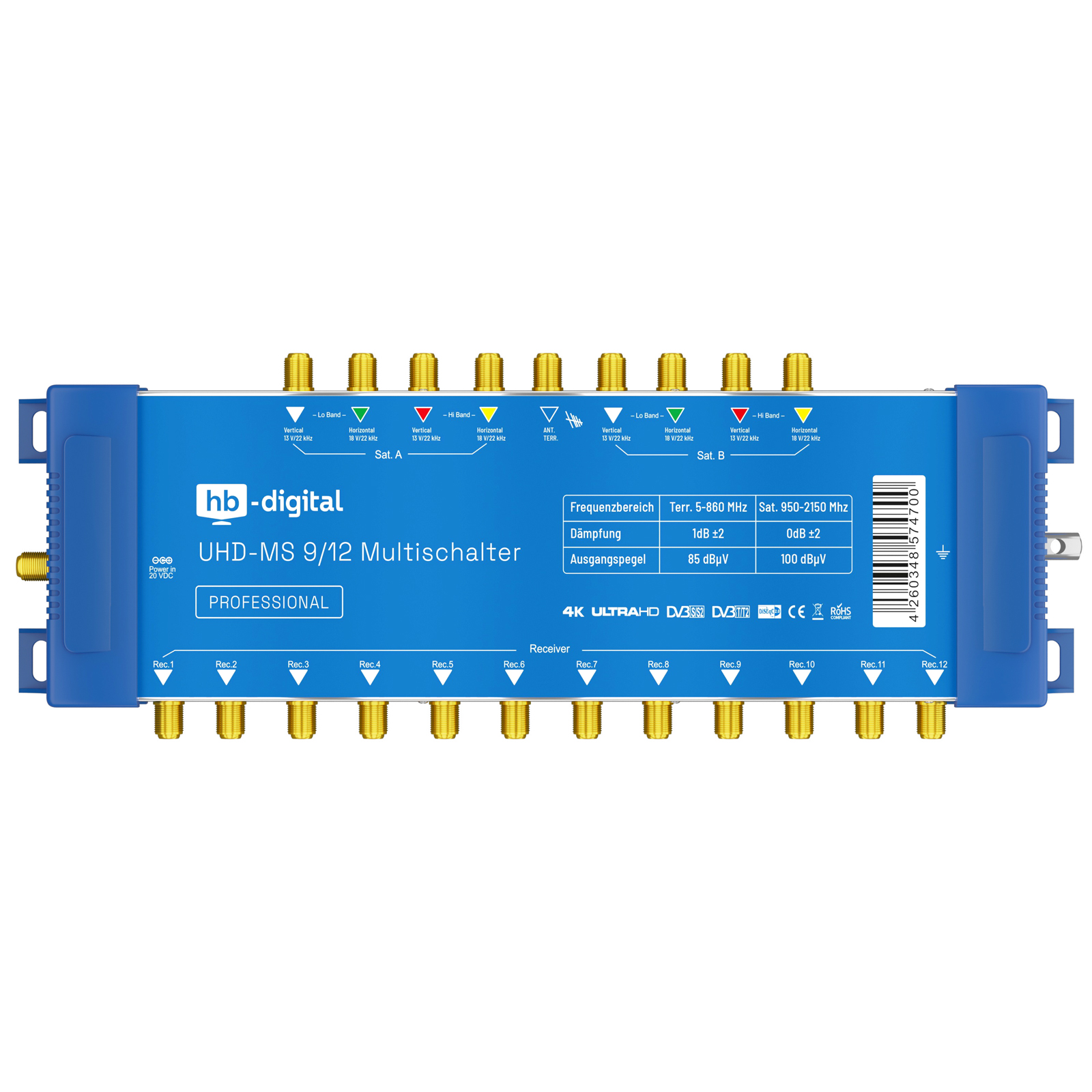 Ein blaues Multi-Switch-Gerät mit mehreren Ein- und Ausgängen, beschriftet. Das Gerät ist beschriftet.
