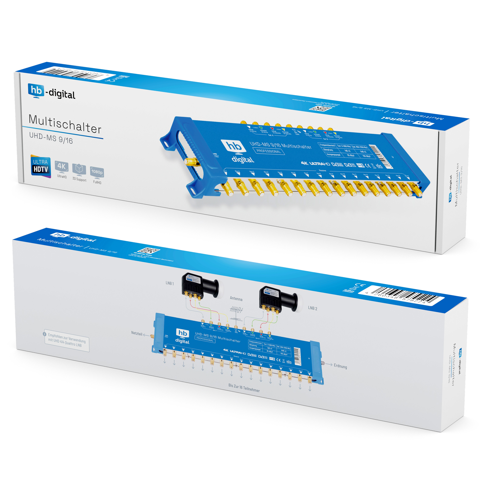 Blauer Multiswitch-Karton mit Produktabbildungen und technischen Details.