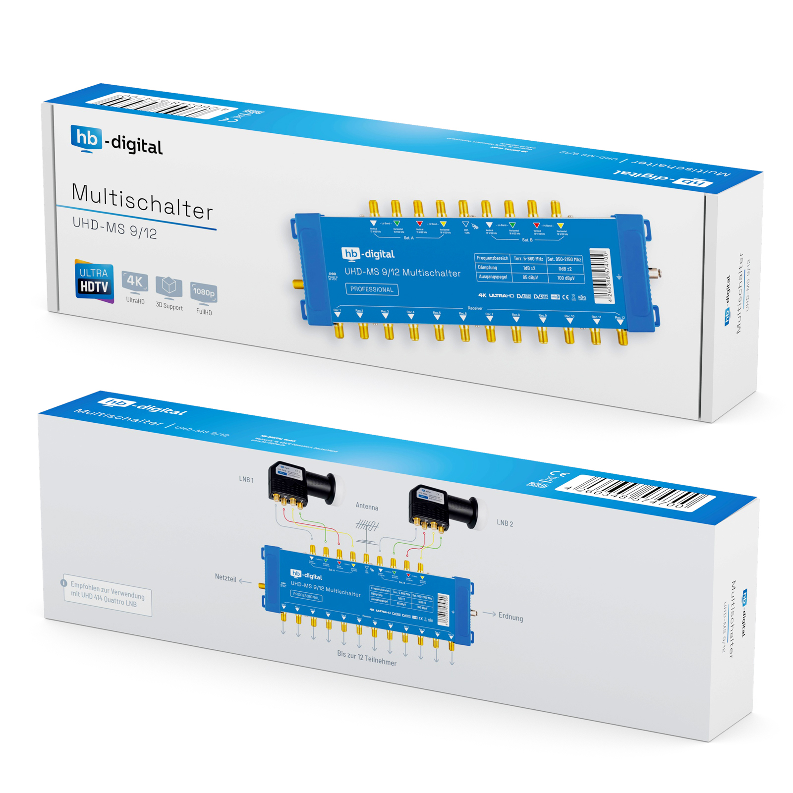 Zwei Kartons mit blauen und weißen elektronischen Geräten. Die Kartons zeigen das Produkt im Inneren mit Diagrammen.