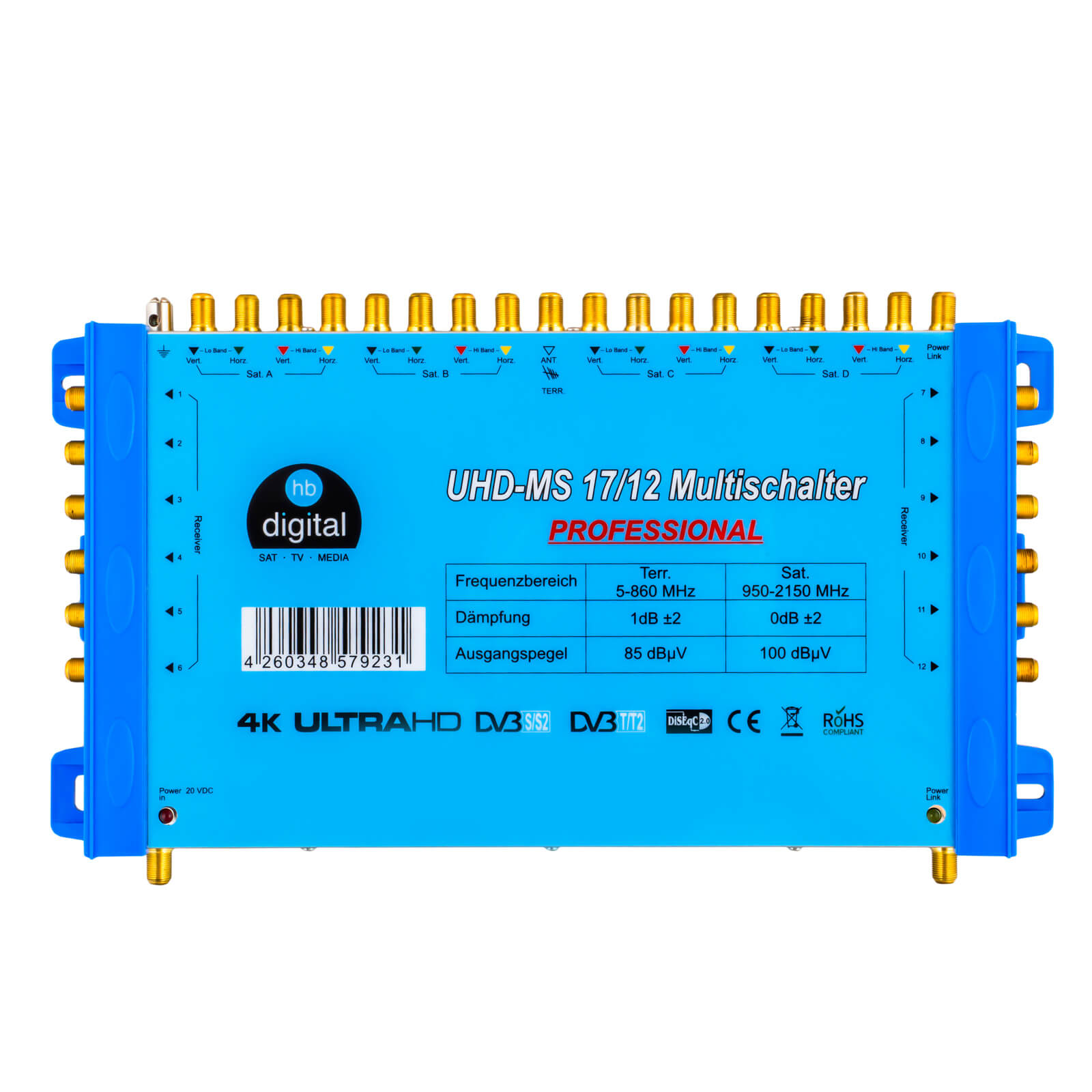 UHD-MS 17/12 Multiswitch. Blaue Box mit Anschlüssen, Text und Diagramm.