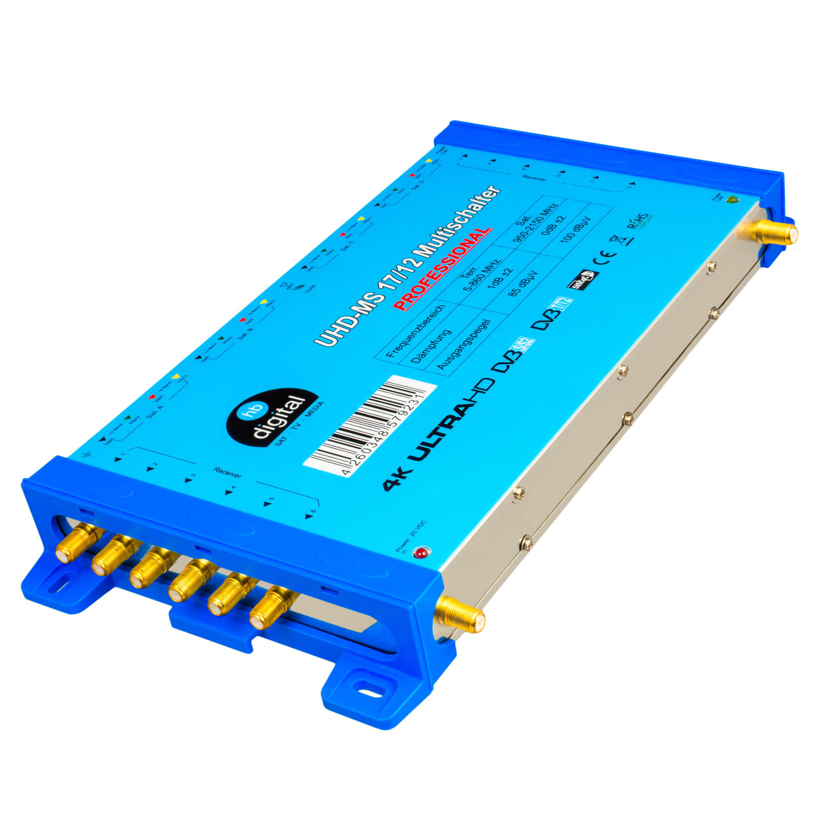 Ein blaues elektronisches Gerät mit mehreren Anschlussports, die mit Text beschriftet sind. Das Gerät ist abgewinkelt.