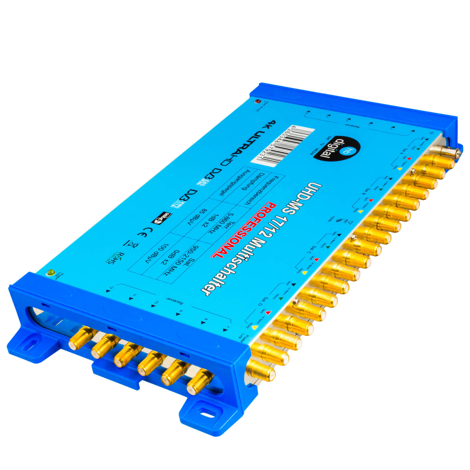 Blaues elektronisches Gerät mit mehreren goldenen Anschlüssen, Text.