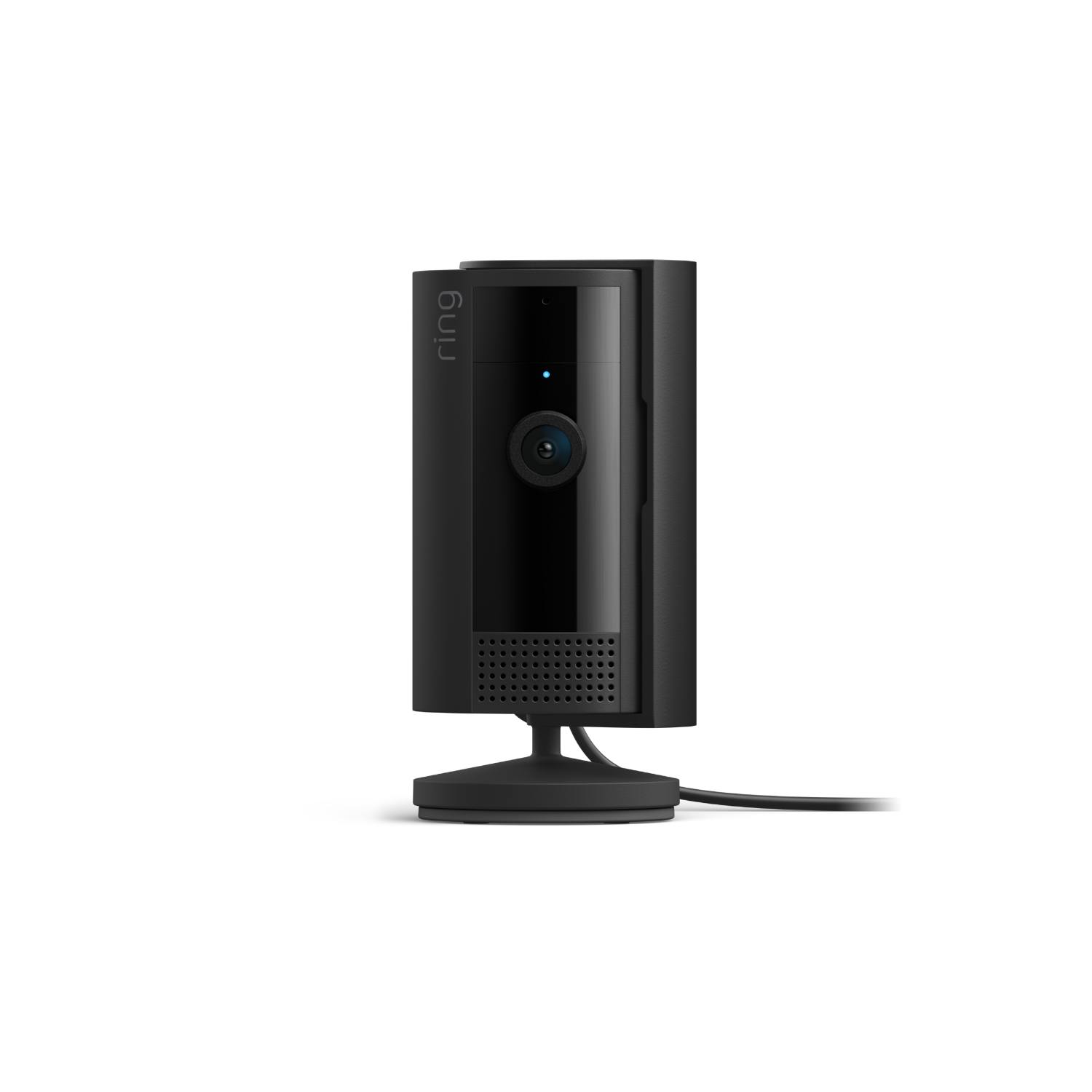 Czarna kamera bezpieczeństwa na czarnej powierzchni, na czarnym tle.