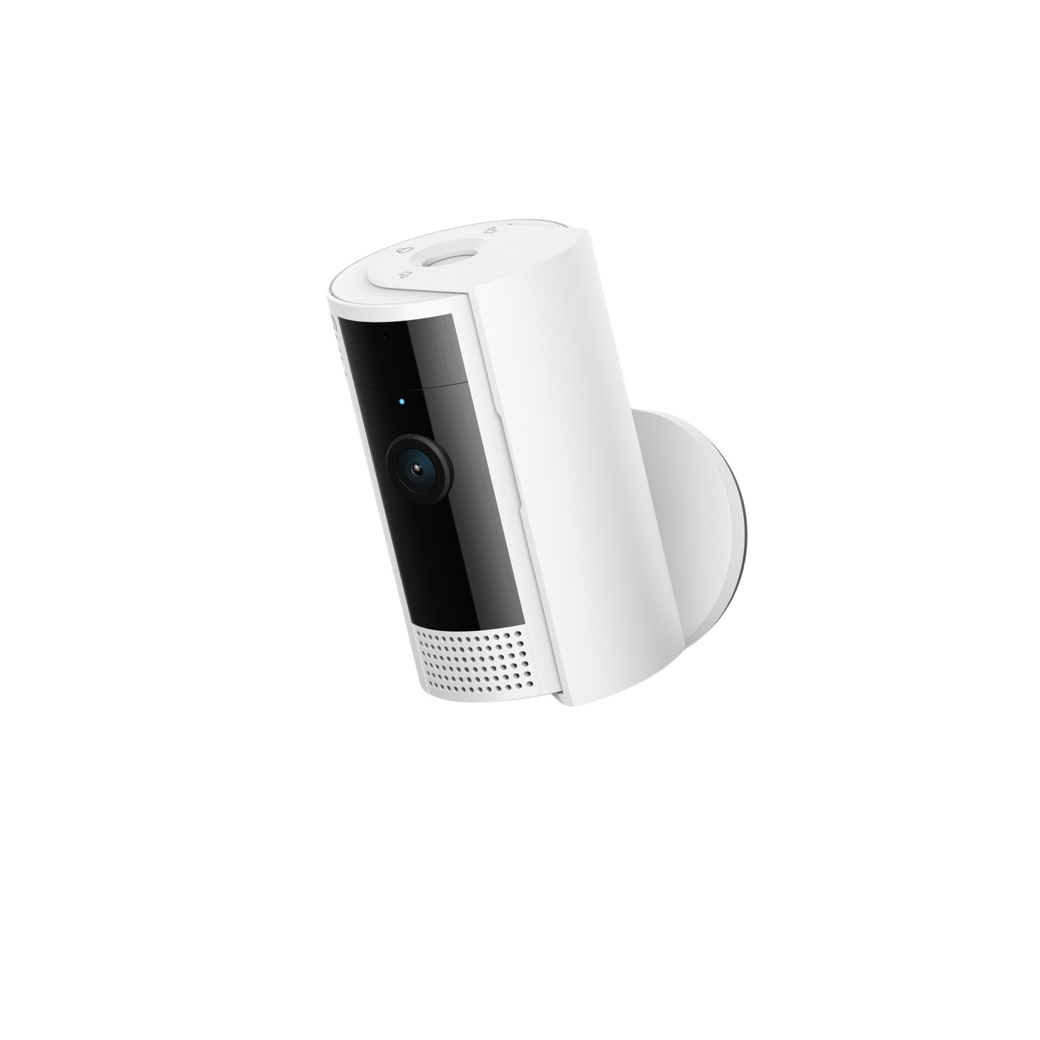 Biała kamera bezpieczeństwa Ring z czarnym przodem i niebieskim światłem, zamontowana na białej powierzchni.