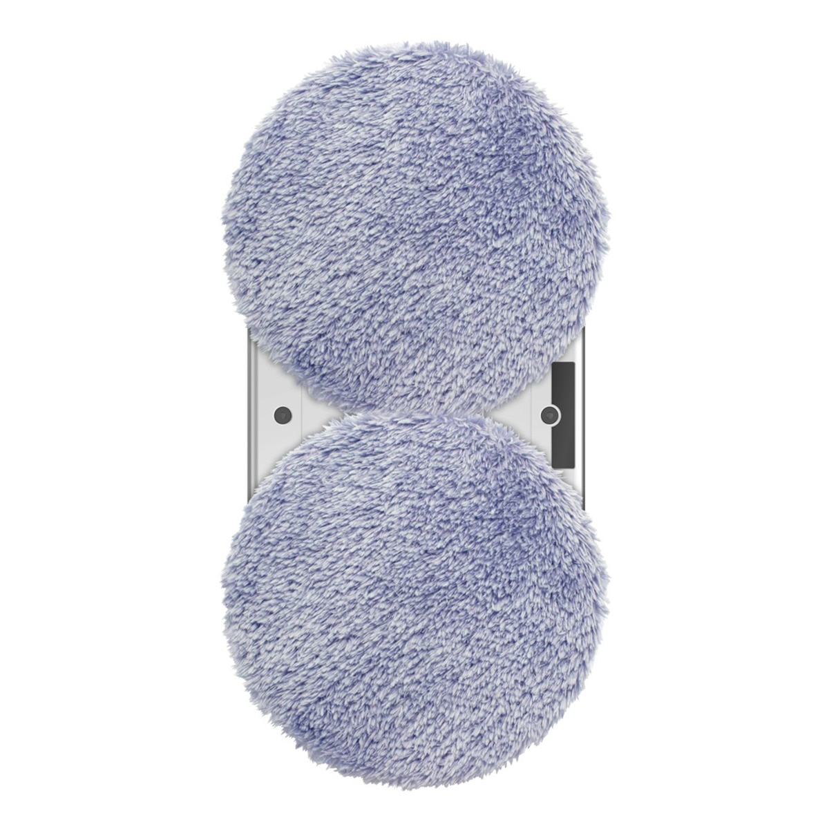Robot aspirador con dos almohadillas redondas de microfibra azul sobre fondo blanco.