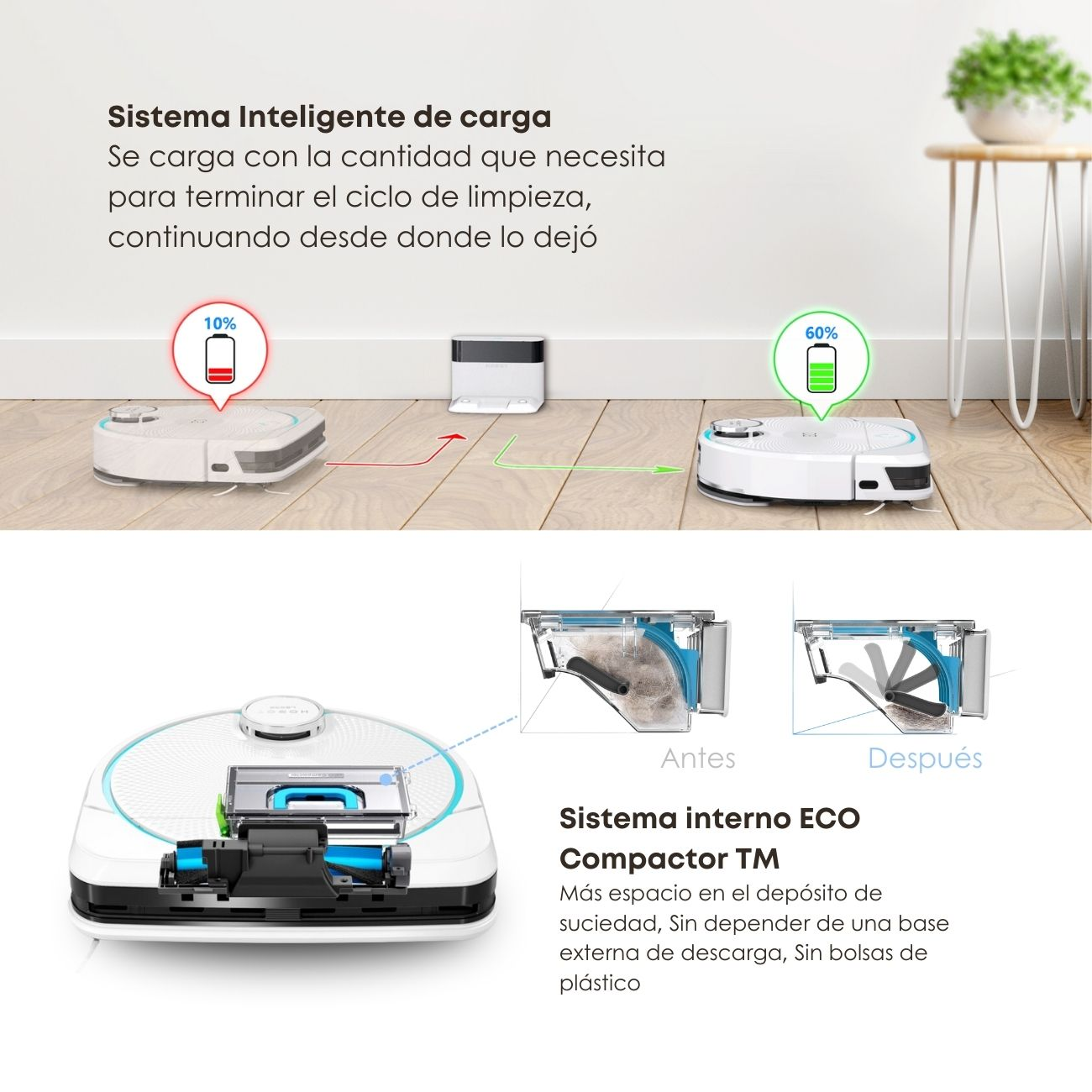 Robot aspirador cargando. Diagramas muestran sistema de limpieza y componentes.
