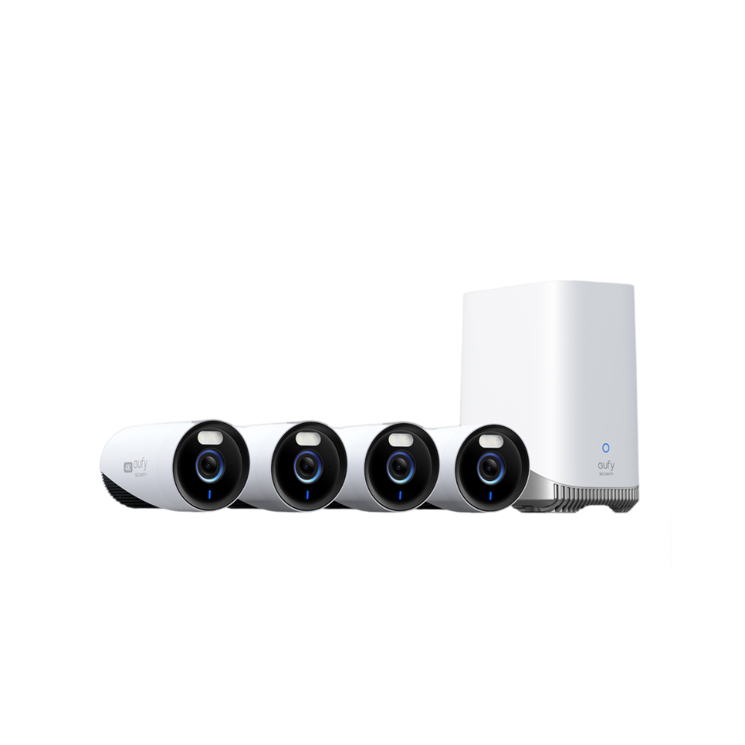 Biały system kamer bezpieczeństwa z czterema kamerami i stacją bazową. Widoczne czarne soczewki i niebieskie światła.
