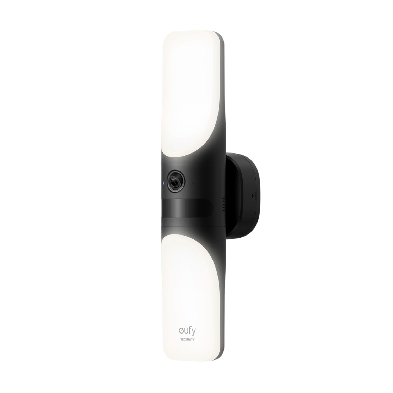 Czarno-białe zewnętrzne światło zabezpieczające z kamerą, zamontowane na ścianie, czarne tło.