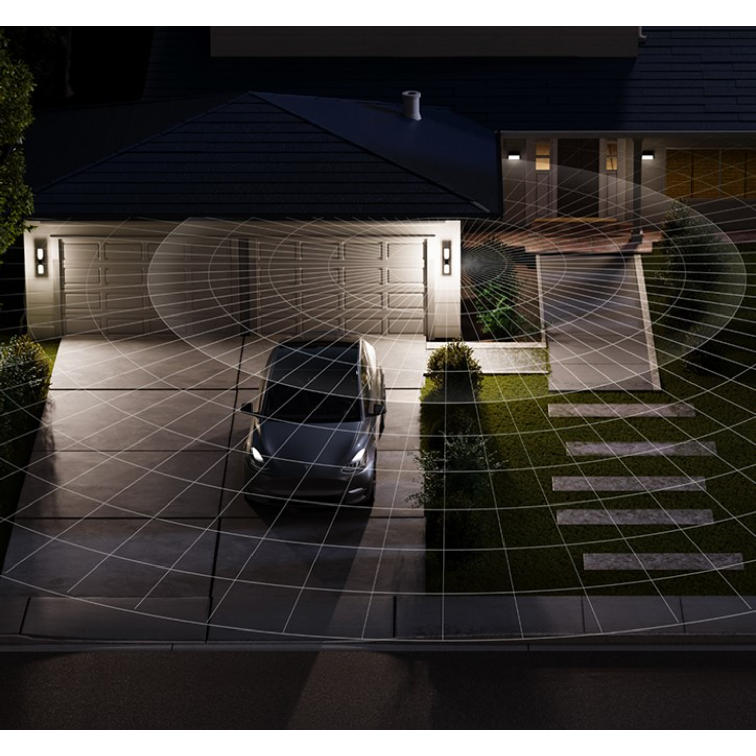 Scena nocna: dom z zapalonymi światłami i samochodem na podjeździe. Linie wzoru bezpieczeństwa nakładają się na scenę.