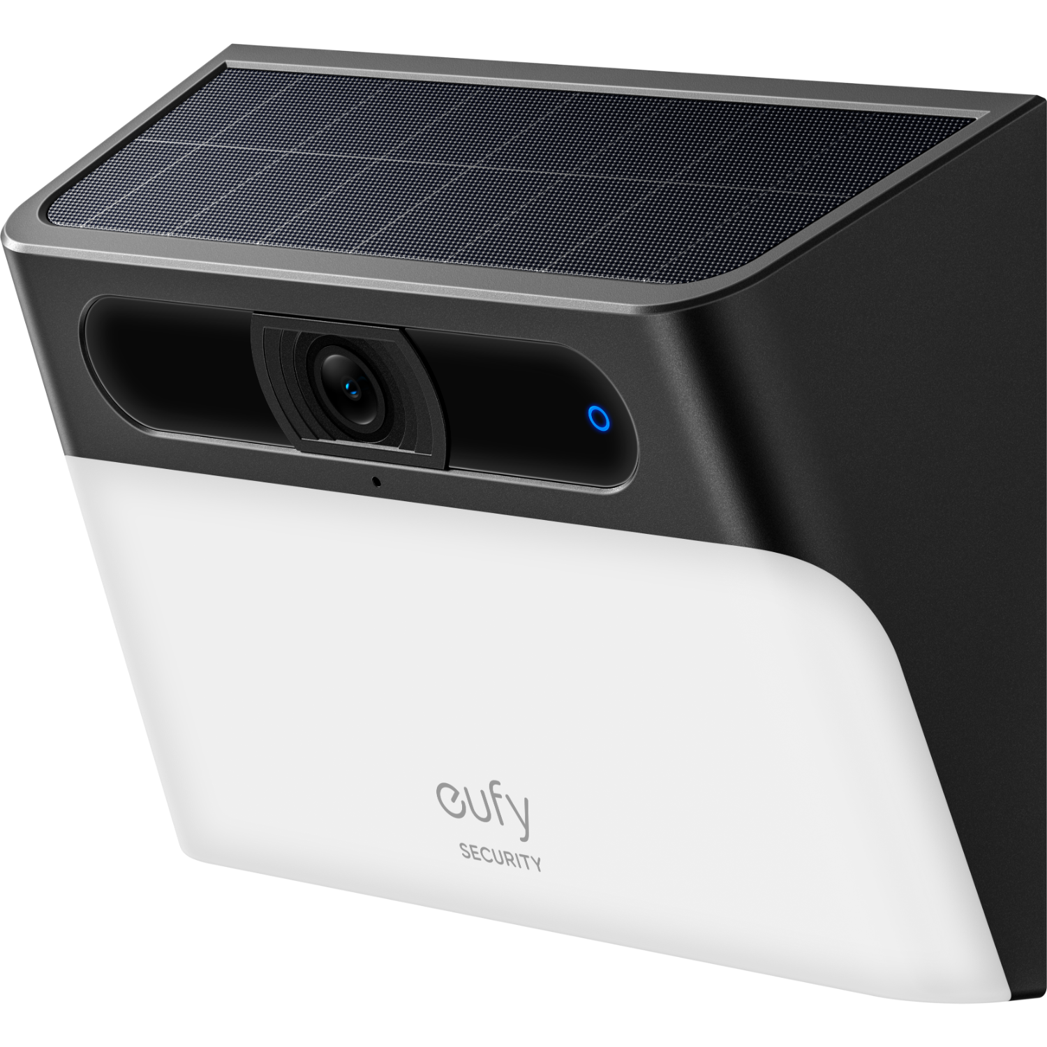 Biało-czarna kamera bezpieczeństwa z panelem słonecznym. Logo Eufy na dole.