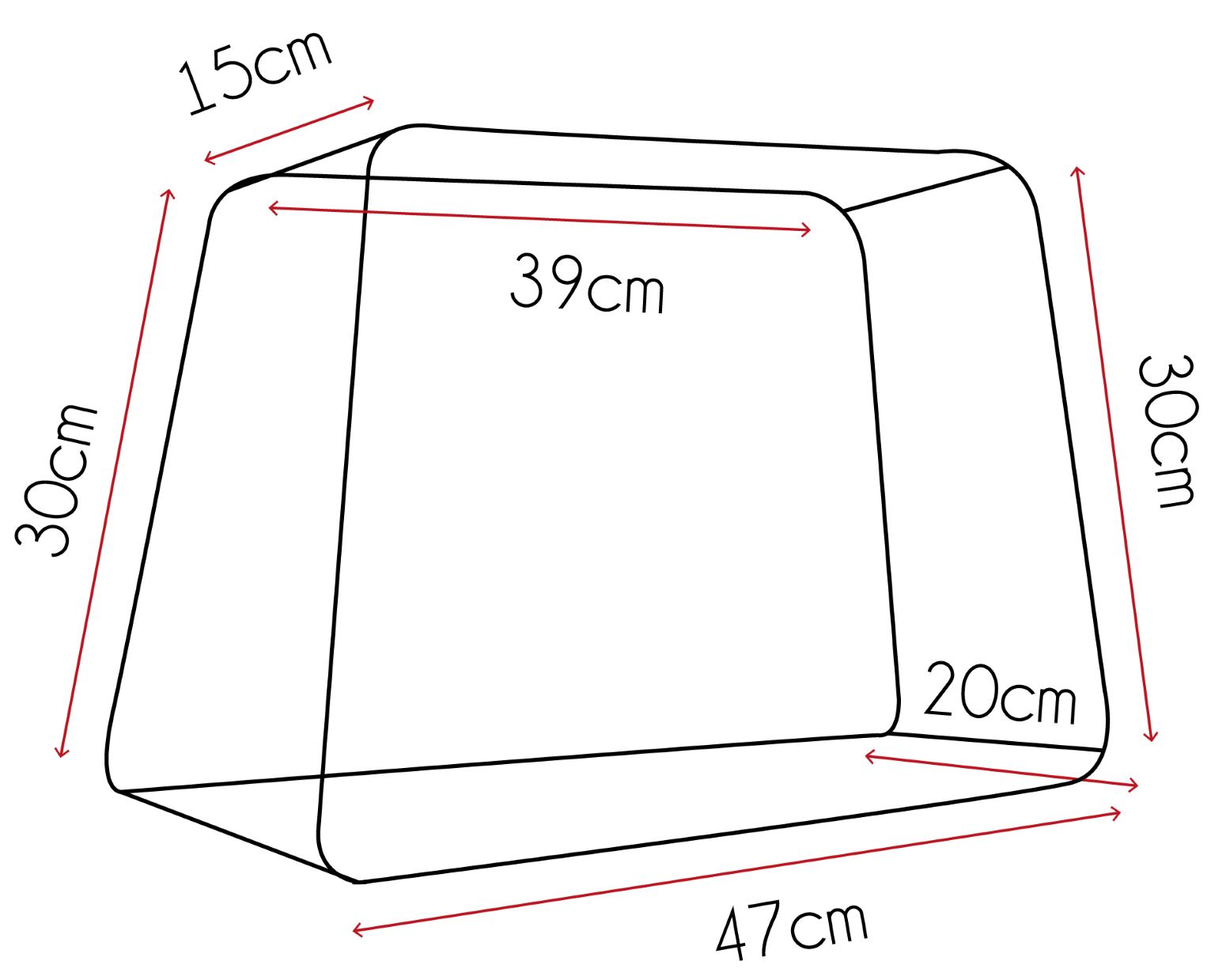 Un diagrama de una caja rectangular con dimensiones etiquetadas. Es un dibujo 3D, con dimensiones en centímetros.