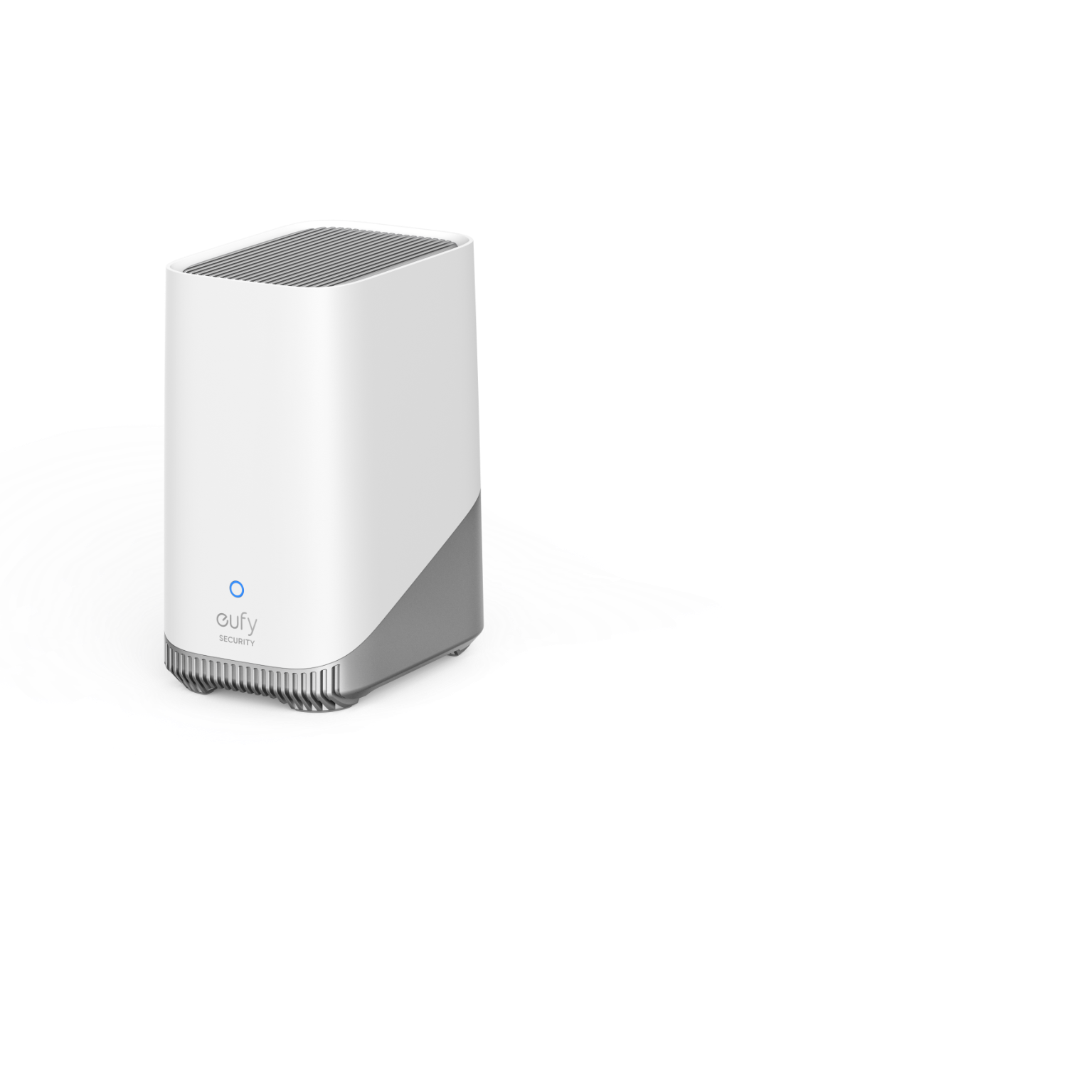 Biały oczyszczacz powietrza z szarą podstawą. Oczyszczacz znajduje się na białym tle.