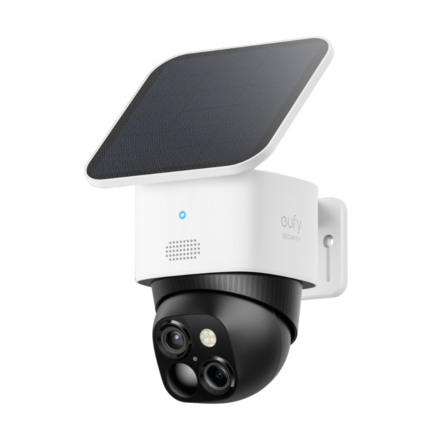 Biało-czarna zewnętrzna kamera bezpieczeństwa z panelem słonecznym na górze.