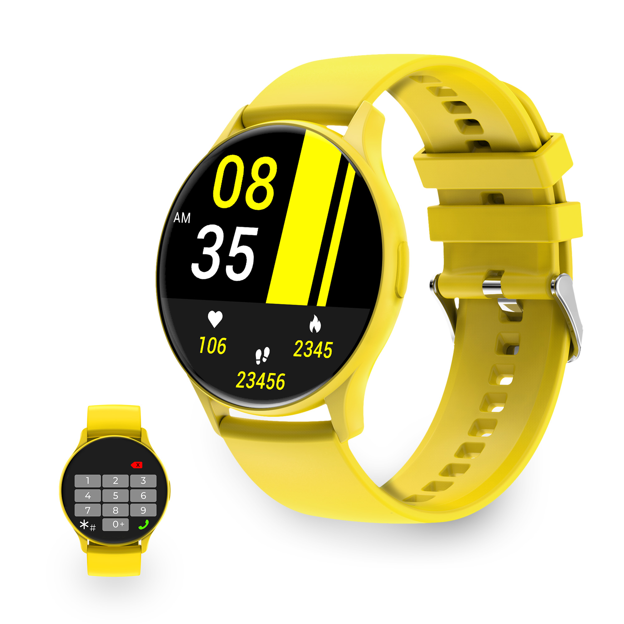 Smartwatch giallo con quadrante rotondo, mostra ora e metriche. Un orologio più piccolo sotto.