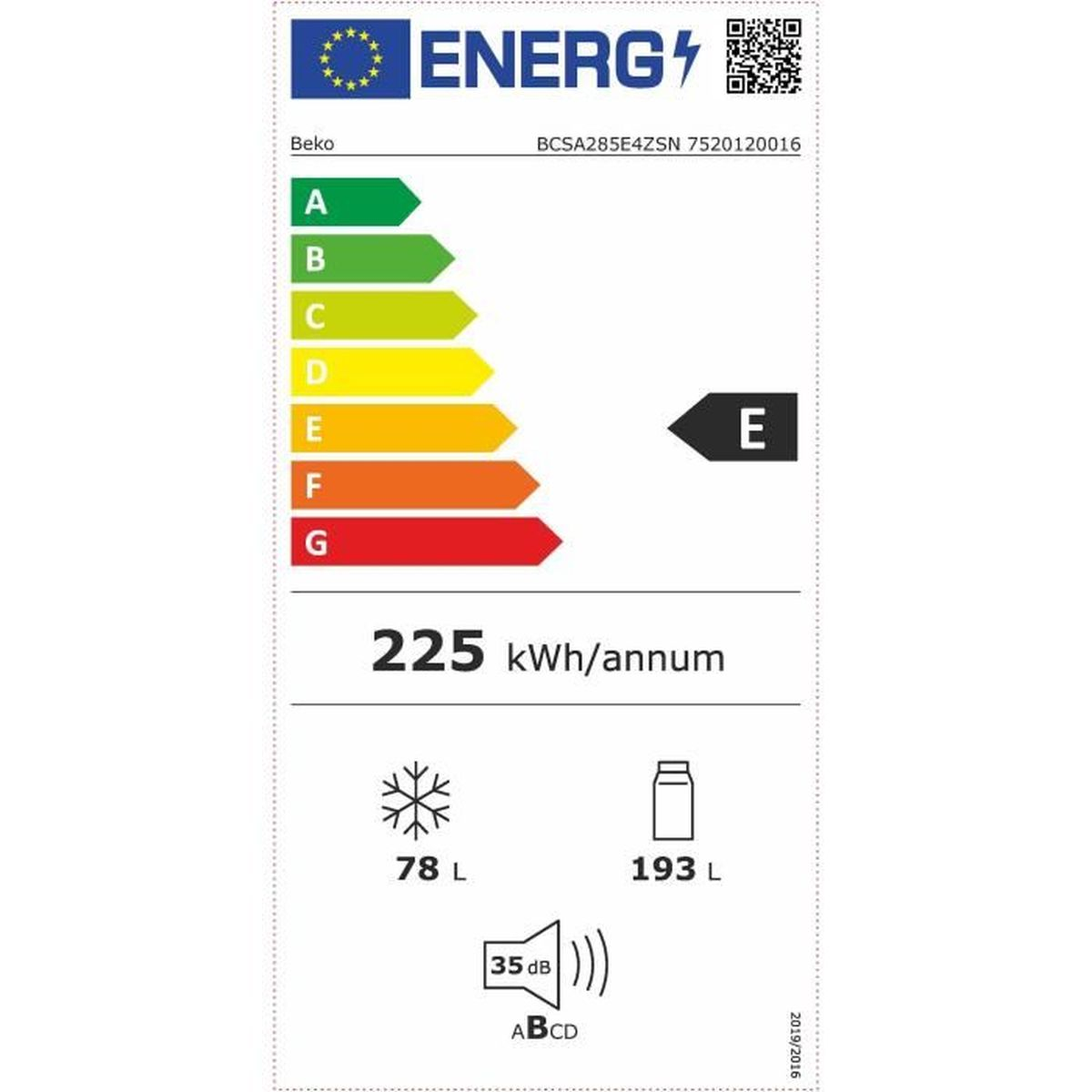 Ein Energielabel mit den Bewertungen A bis G, mit einem Beko-Logo und der Energieeffizienzklasse 'E'.
