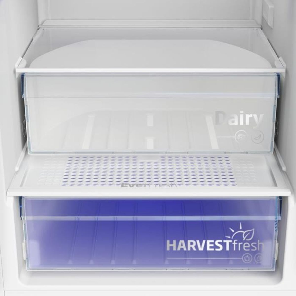 Kühlschrankinnenraum mit Schubladen. Obere Schublade "Dairy", untere Schublade "HARVESTfresh".