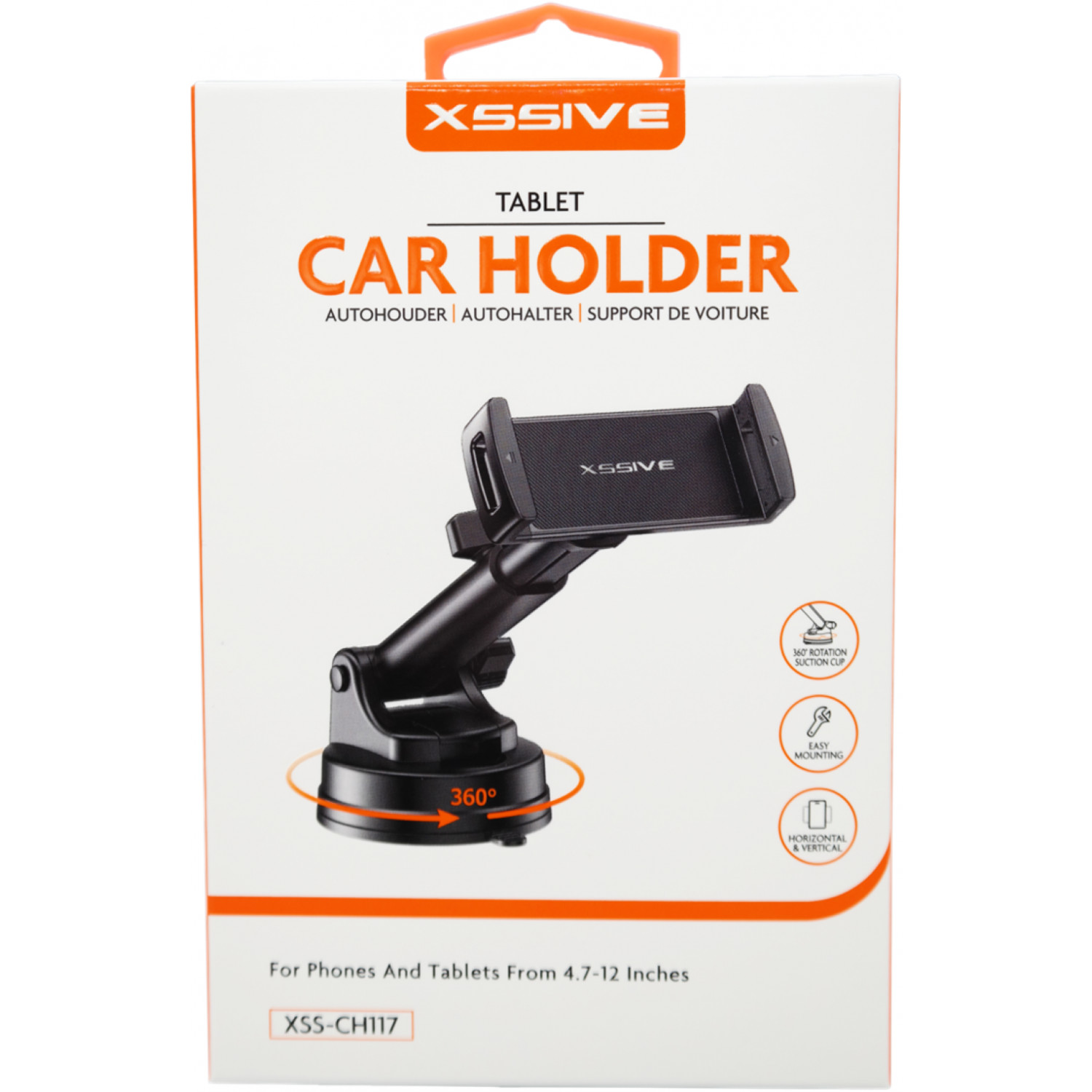 Autohalterbox mit schwarzem Halter, Text 'CAR HOLDER' und Symbolen für Drehung und Montage.