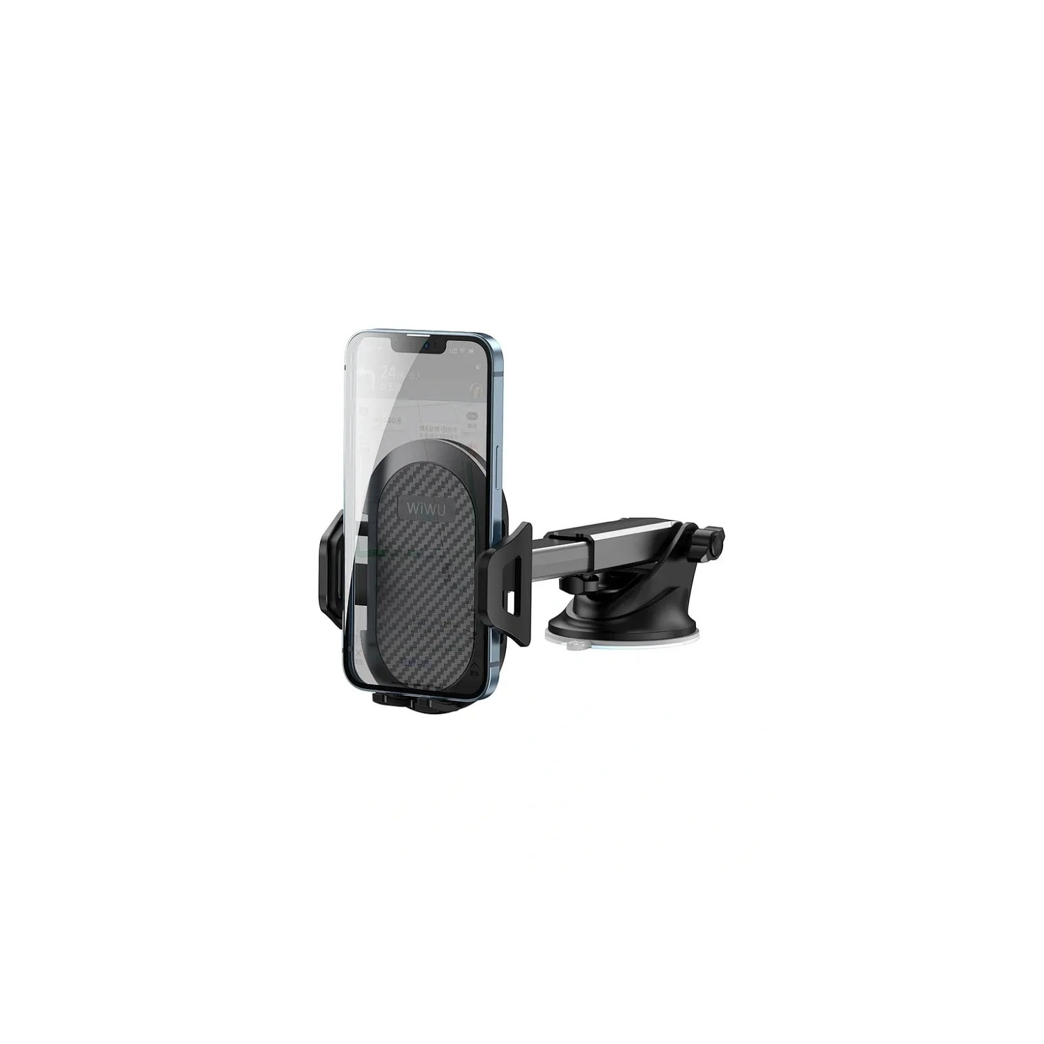 Schwarzer Autotelefonhalter mit befestigtem Telefon, Saugnapfbasis. Weißer Hintergrund.