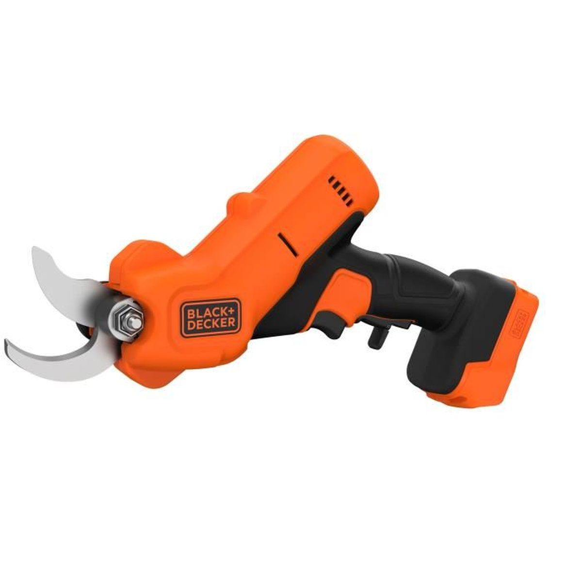 Orange und schwarze elektrische Gartenschere. Die Klingen sind silberfarben.