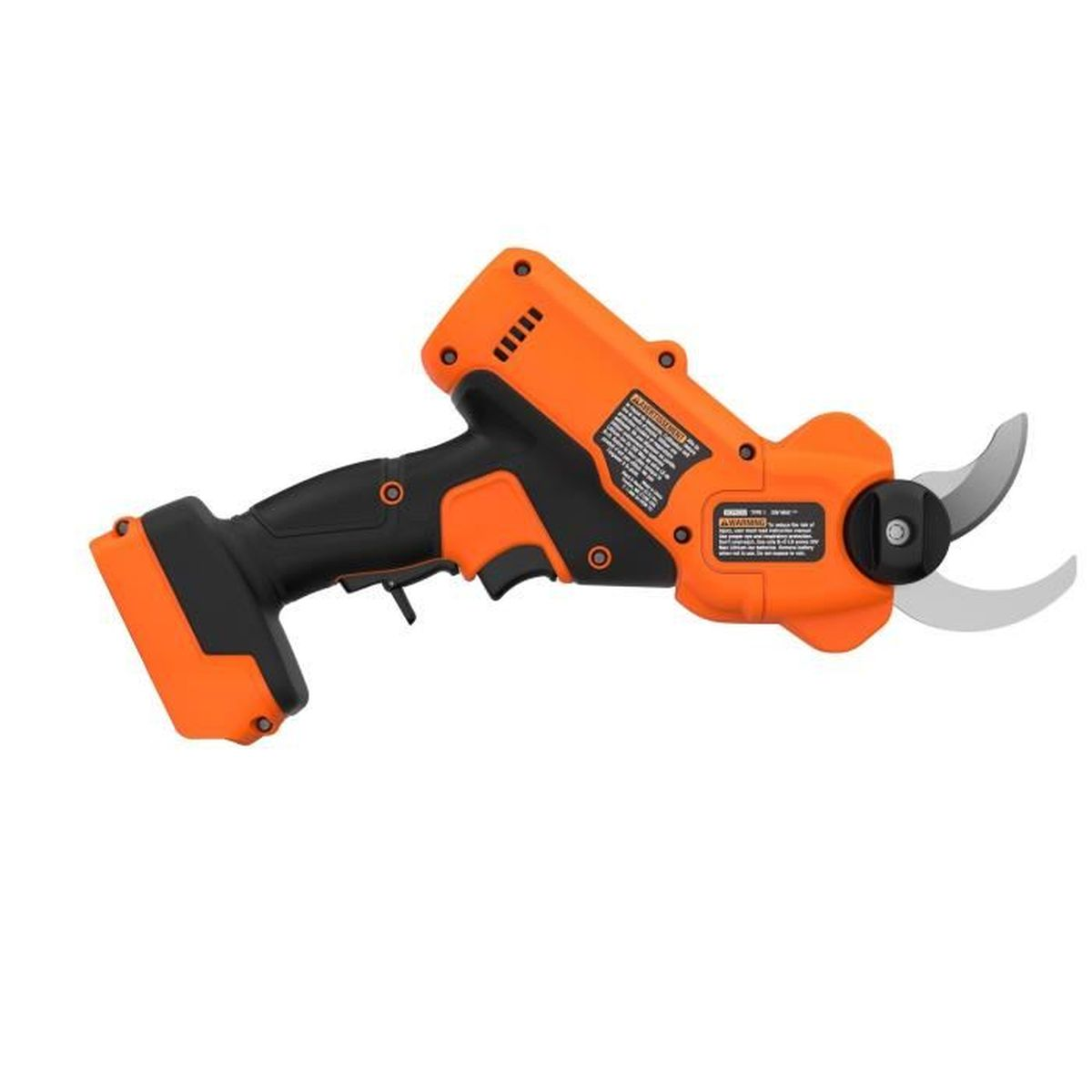 Eine orange-schwarze elektrische Gartenschere. Sie hat silberne Klingen.