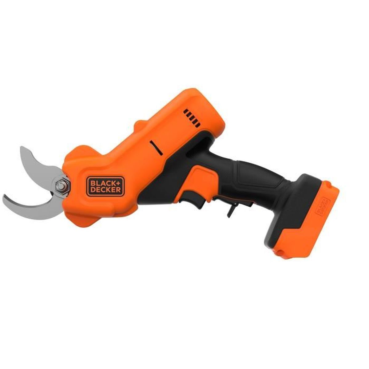 Orange und schwarze elektrische Schere von BLACK+DECKER, isoliert auf weißem Hintergrund.