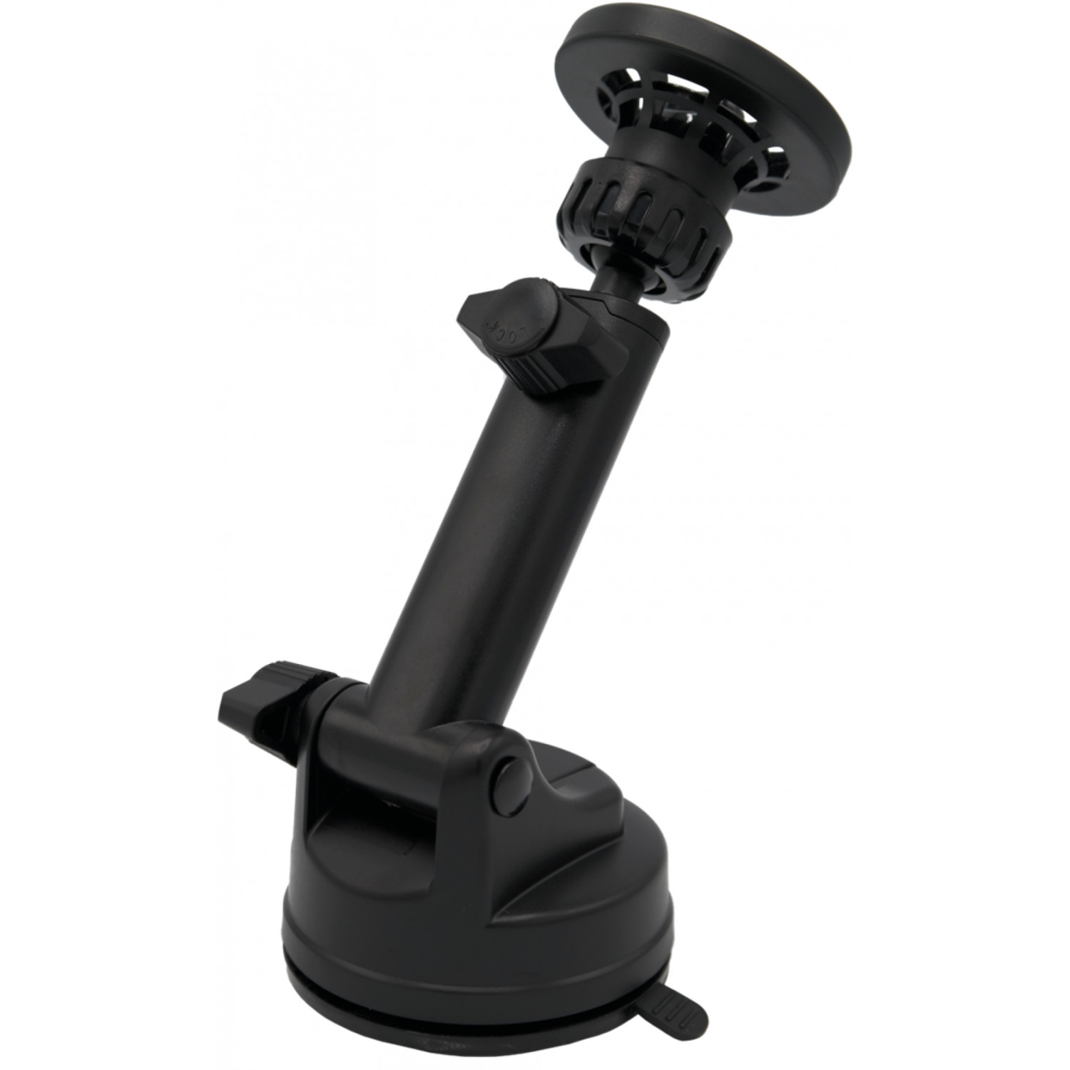 Schwarze Autohalterung mit Saugnapf und verstellbarem Arm.