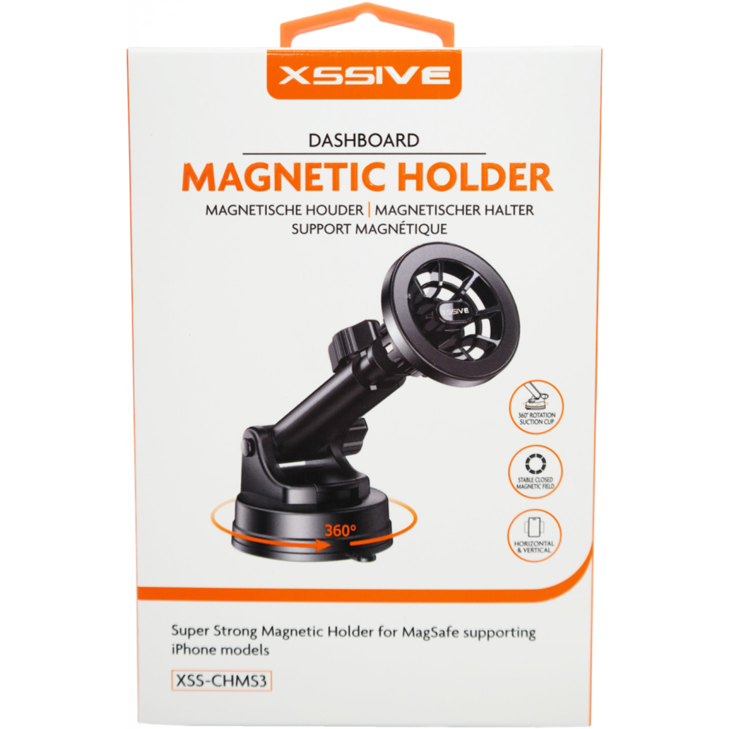 Schachtel für einen magnetischen Dashboard-Telefonhalter, der das Produkt und die Funktionen zeigt.
