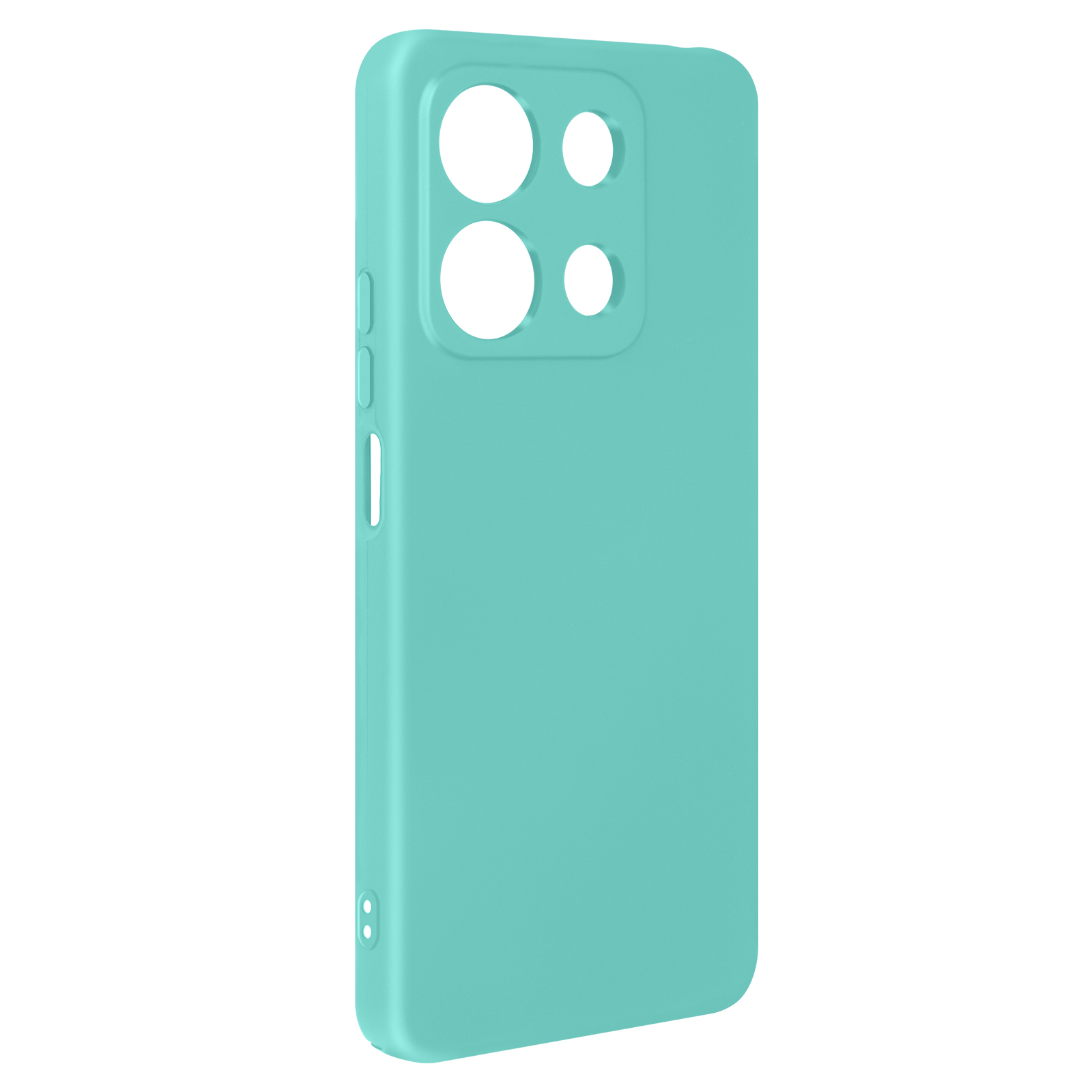 Custodia per telefono turchese con ritagli per fotocamera su sfondo bianco, opaca.